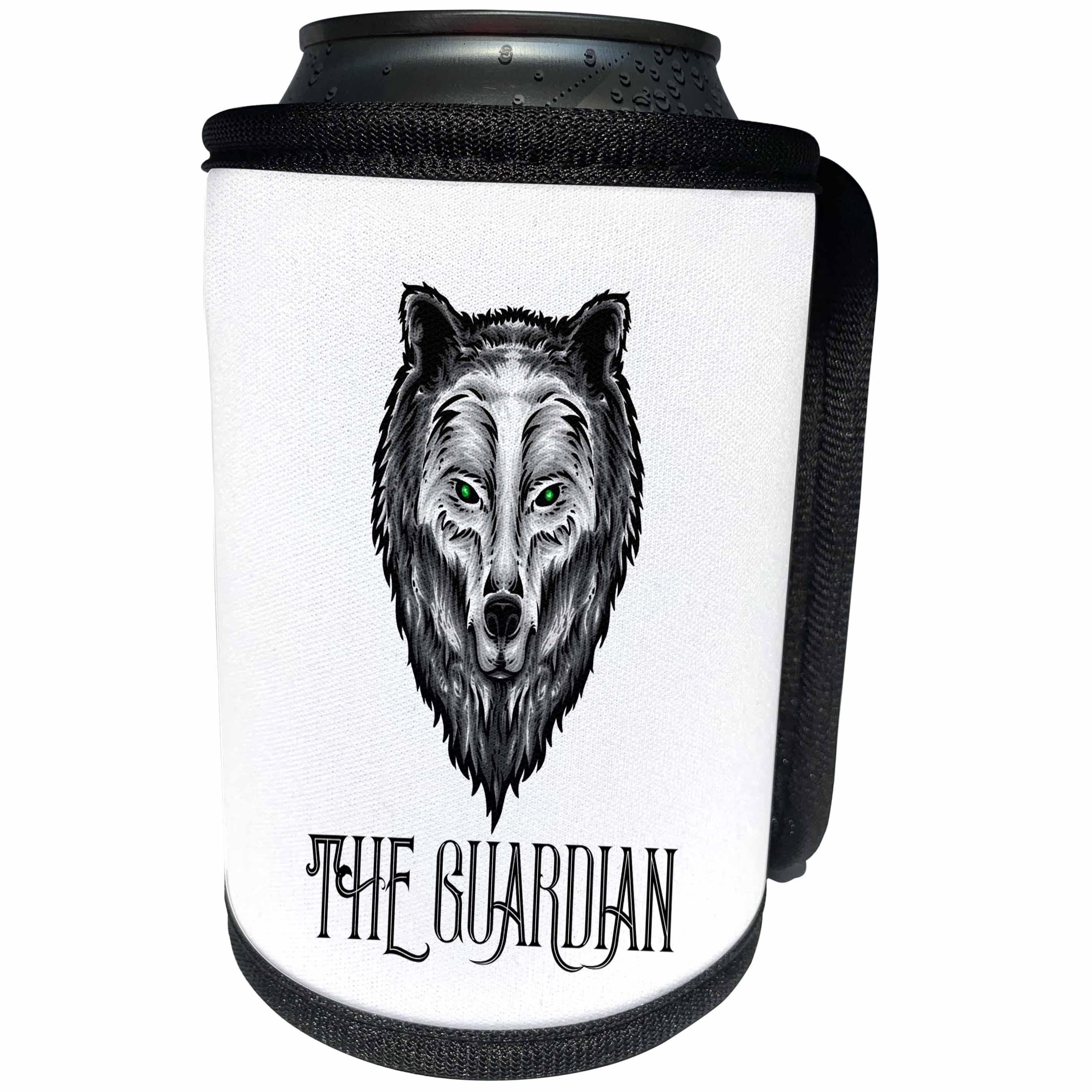 3dRose Alexis Design - Mystic - Wolf face drawing. A text The guardian on white. Mystical animal - Can Cooler Bottle Wrap (cc_292925)