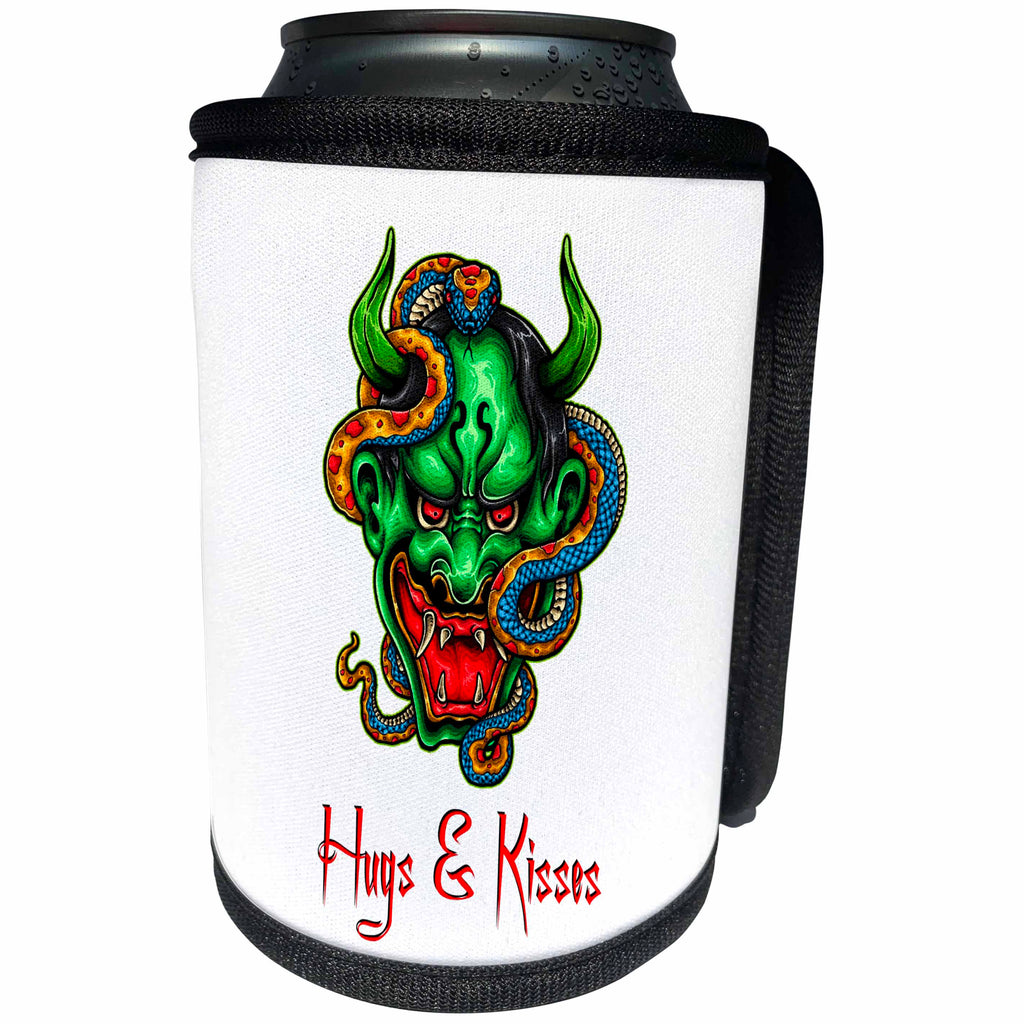 3dRose Alexis Design - Mystic - Image of a demon face of green color, a blue snake. Hugs and kisses - Can Cooler Bottle Wrap (cc_292927)