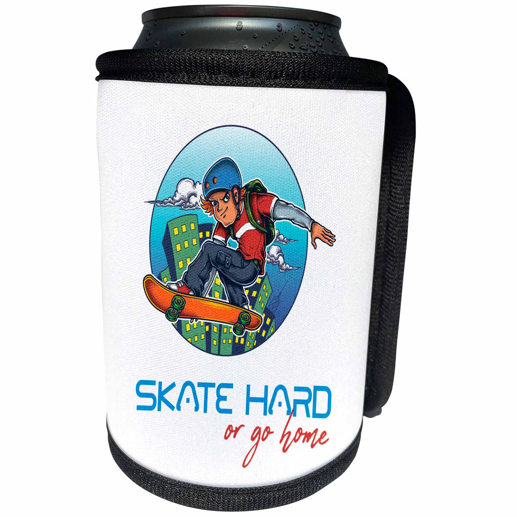 3dRose Alexis Design - Sport Skateboard - Brave male skater, a skateboard. City windows. Skate hard or go home - Can Cooler Bottle Wrap (cc_292931)