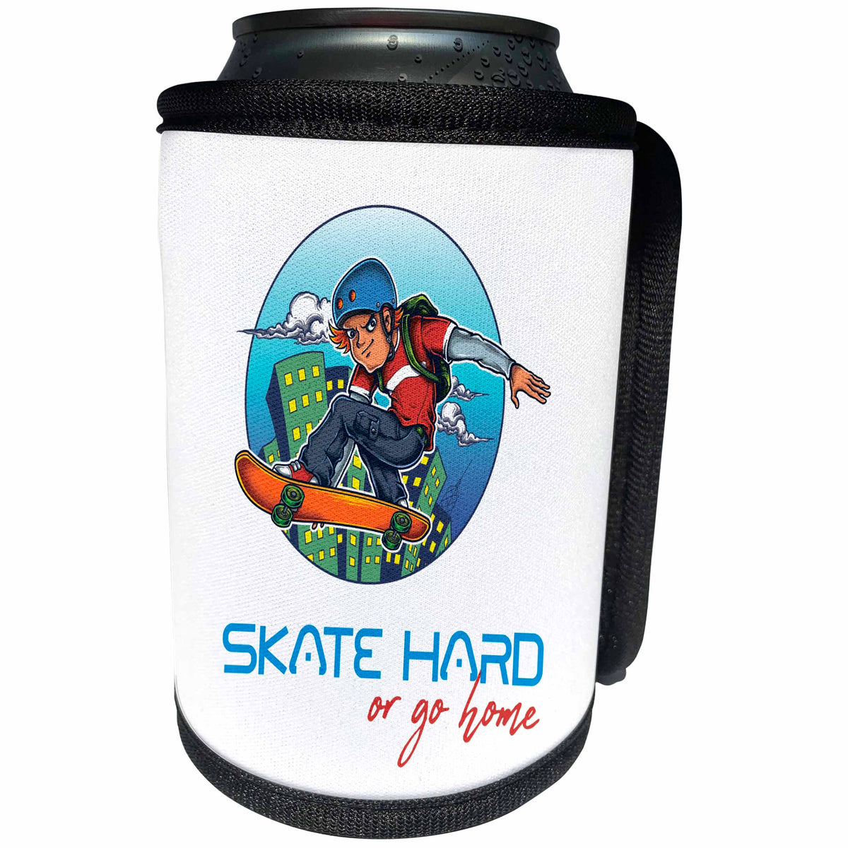 3dRose Alexis Design - Sport Skateboard - Brave male skater, a skateboard. City windows. Skate hard or go home - Can Cooler Bottle Wrap (cc_292931)