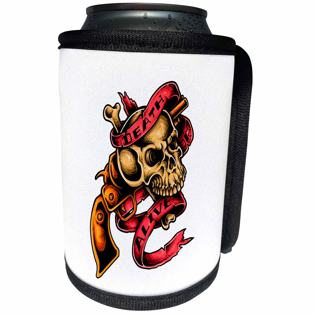 3dRose Alexis Design - Skull - Image of a human skull, a revolver. Text Death, Alive on white - Can Cooler Bottle Wrap (cc_292934)