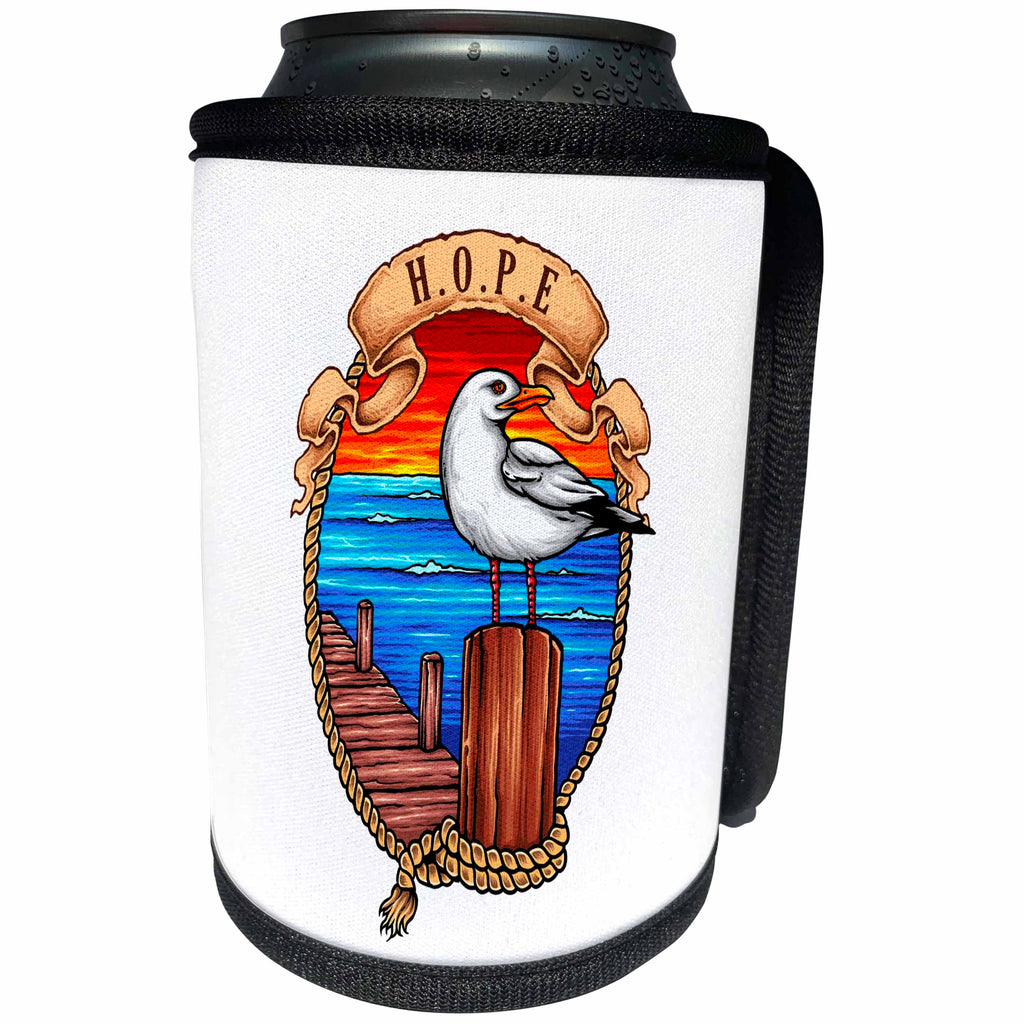 3dRose Alexis Design - Maritime - Nautical image of a sea gull on a wooden bitt. A text HOPE - Can Cooler Bottle Wrap (cc_292935)