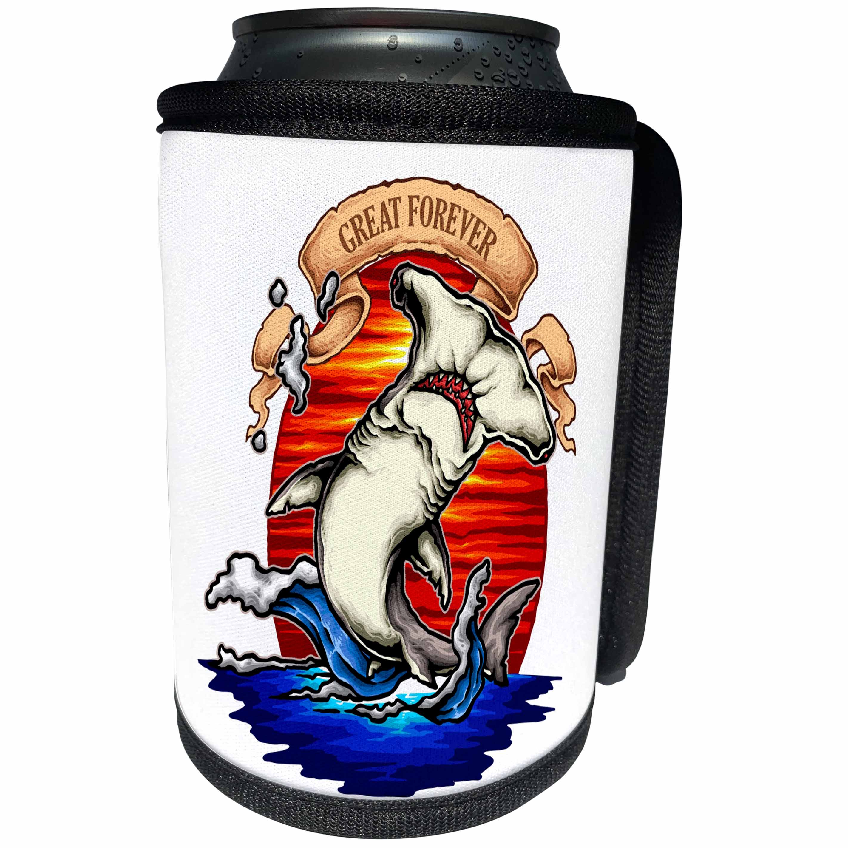 3dRose Alexis Design - Maritime - Image of a jumping hammerhead. Red sunset. A text Great forever - Can Cooler Bottle Wrap (cc_292936)