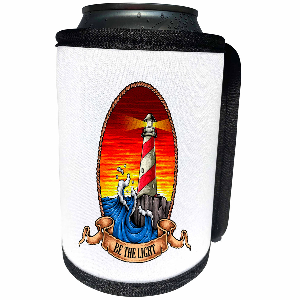 3dRose Alexis Design - Maritime - Beautiful lighthouse. Blue ocean wave, red sunset. Be the light - Can Cooler Bottle Wrap (cc_292937)