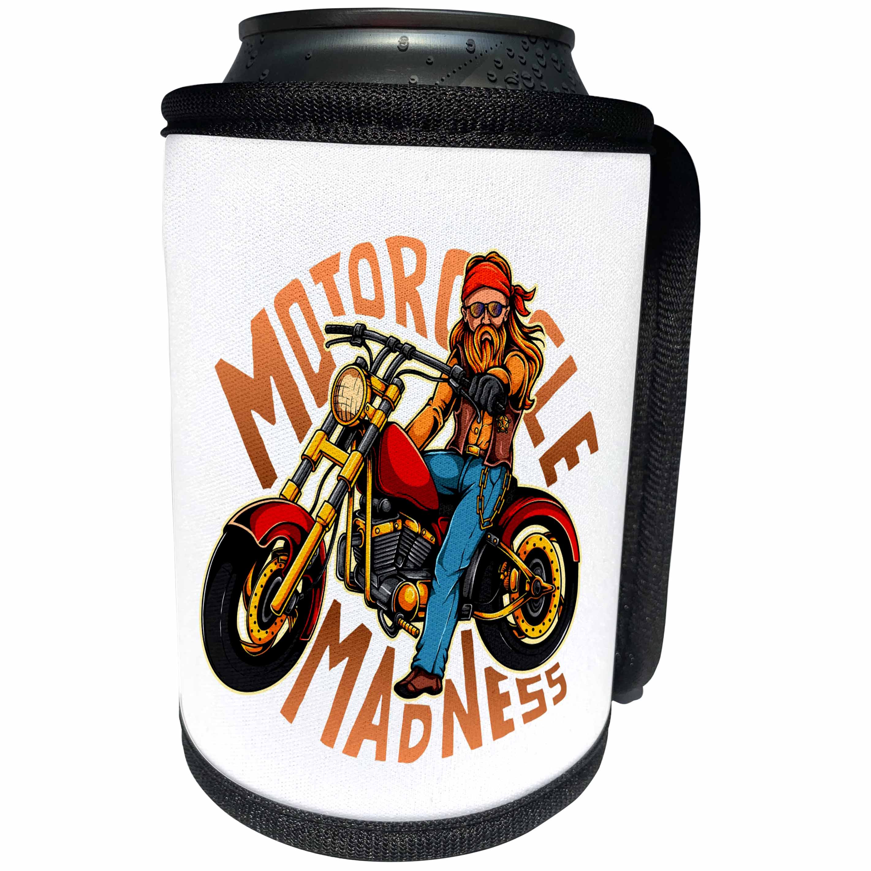 3dRose Alexis Design - Transport Motorcycles - Image of a cool biker on a motorbike. A text Motorcycle madness - Can Cooler Bottle Wrap (cc_292944)