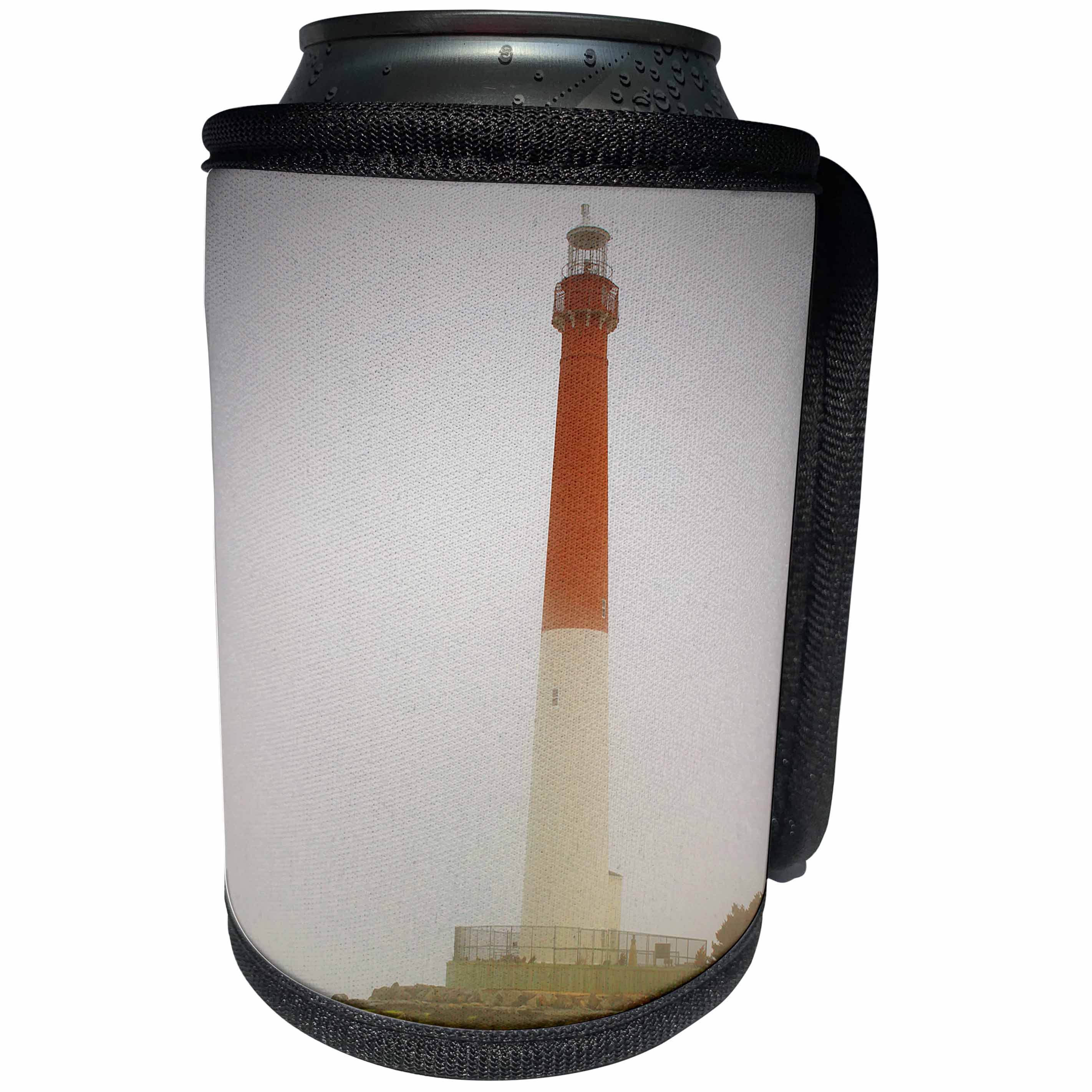 3dRose Stamp City - architecture - Photograph of Barnegat Lighthouse in the Jersey Shore on a foggy day. - Can Cooler Bottle Wrap (cc_292955)