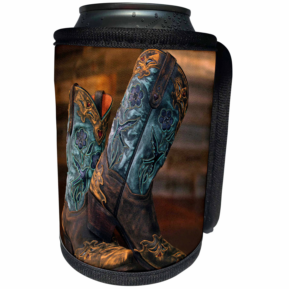 3dRose Stamp City - fashion - Photograph of a pair of cowgirl boots against a rustic wood wall. - Can Cooler Bottle Wrap (cc_292960)