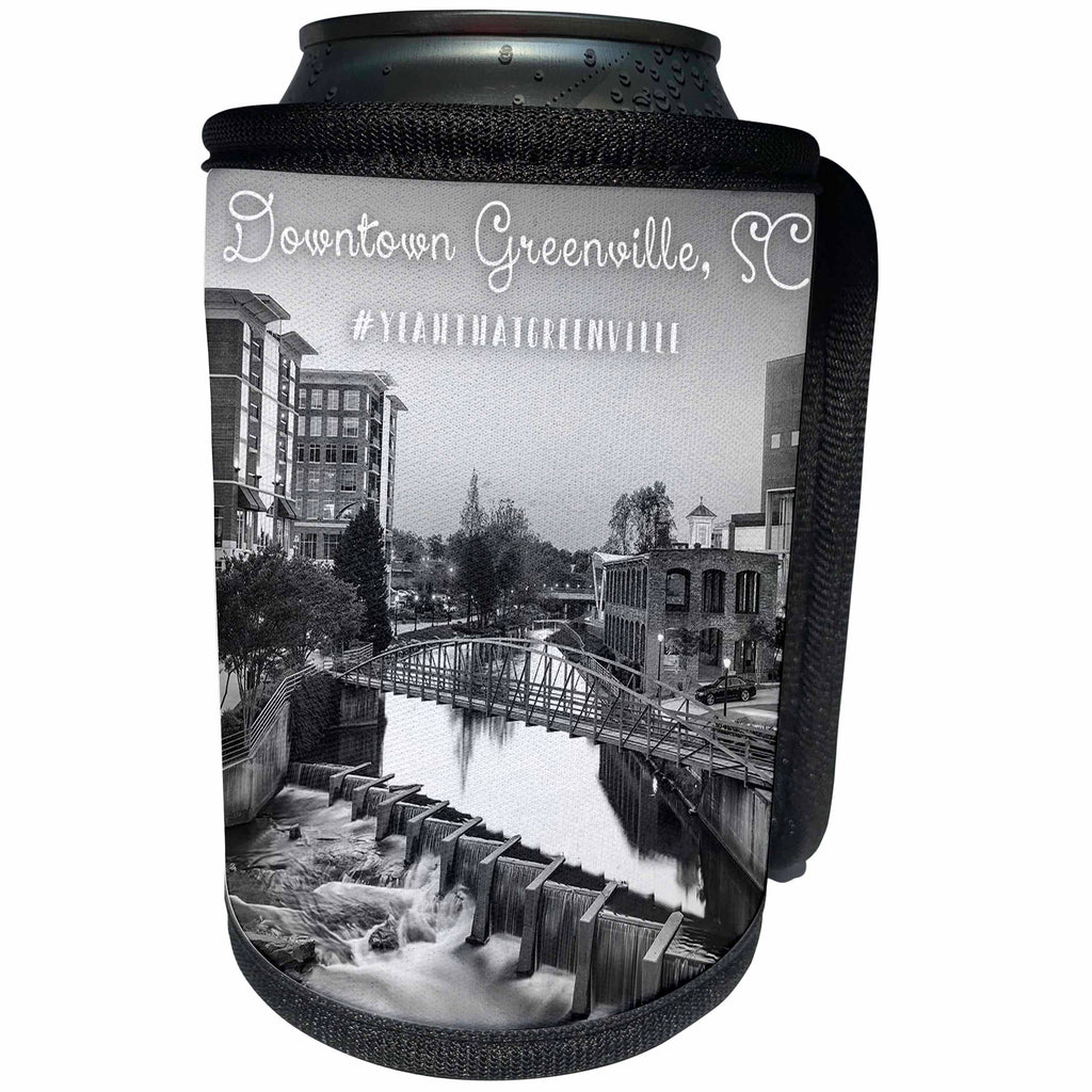 3dRose Stamp City - landscape - Black and white photograph of Downtown Greenville in South Carolina. - Can Cooler Bottle Wrap (cc_292967)