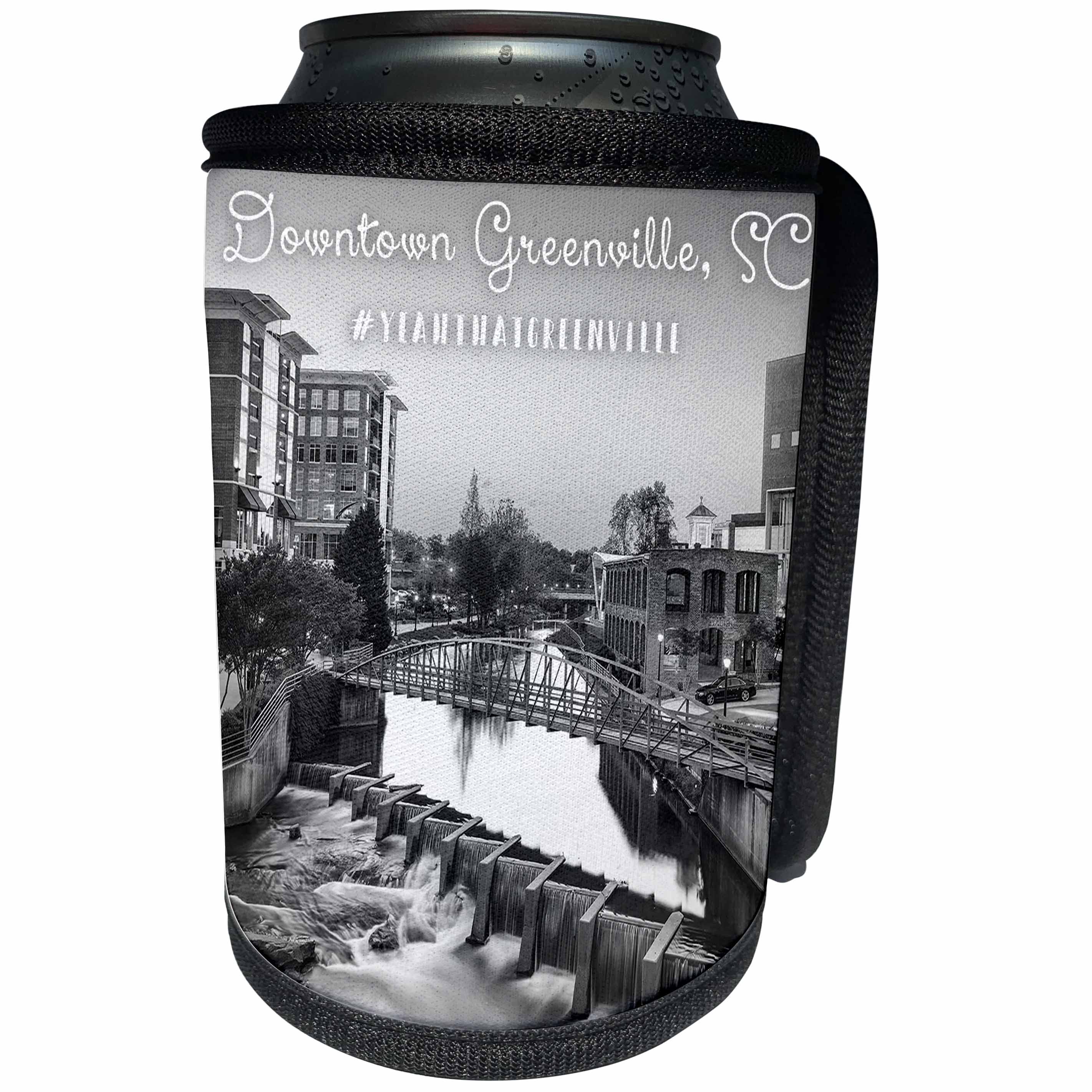 3dRose Stamp City - landscape - Black and white photograph of Downtown Greenville in South Carolina. - Can Cooler Bottle Wrap (cc_292967)