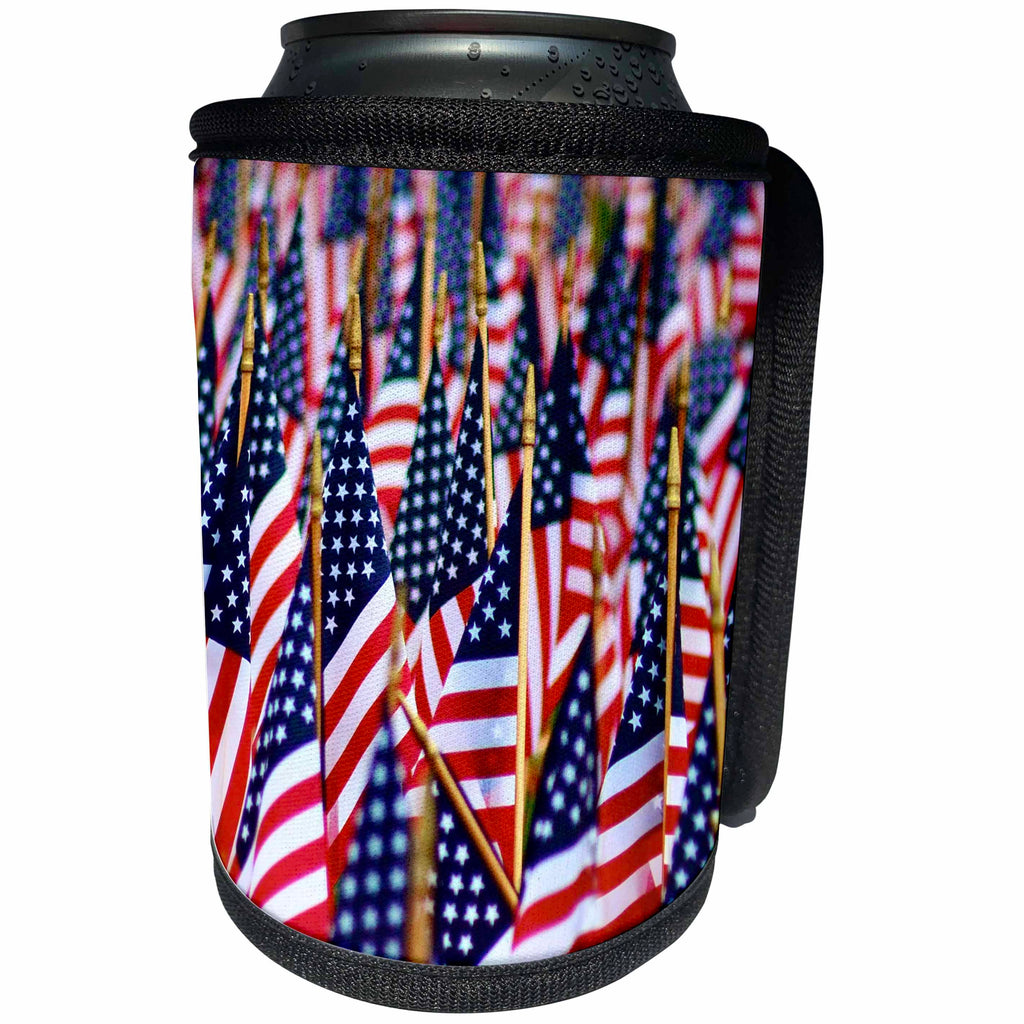 3dRose Stamp City - americana - Photo of many tiny American flags decorating a park for the holiday. - Can Cooler Bottle Wrap (cc_292972)