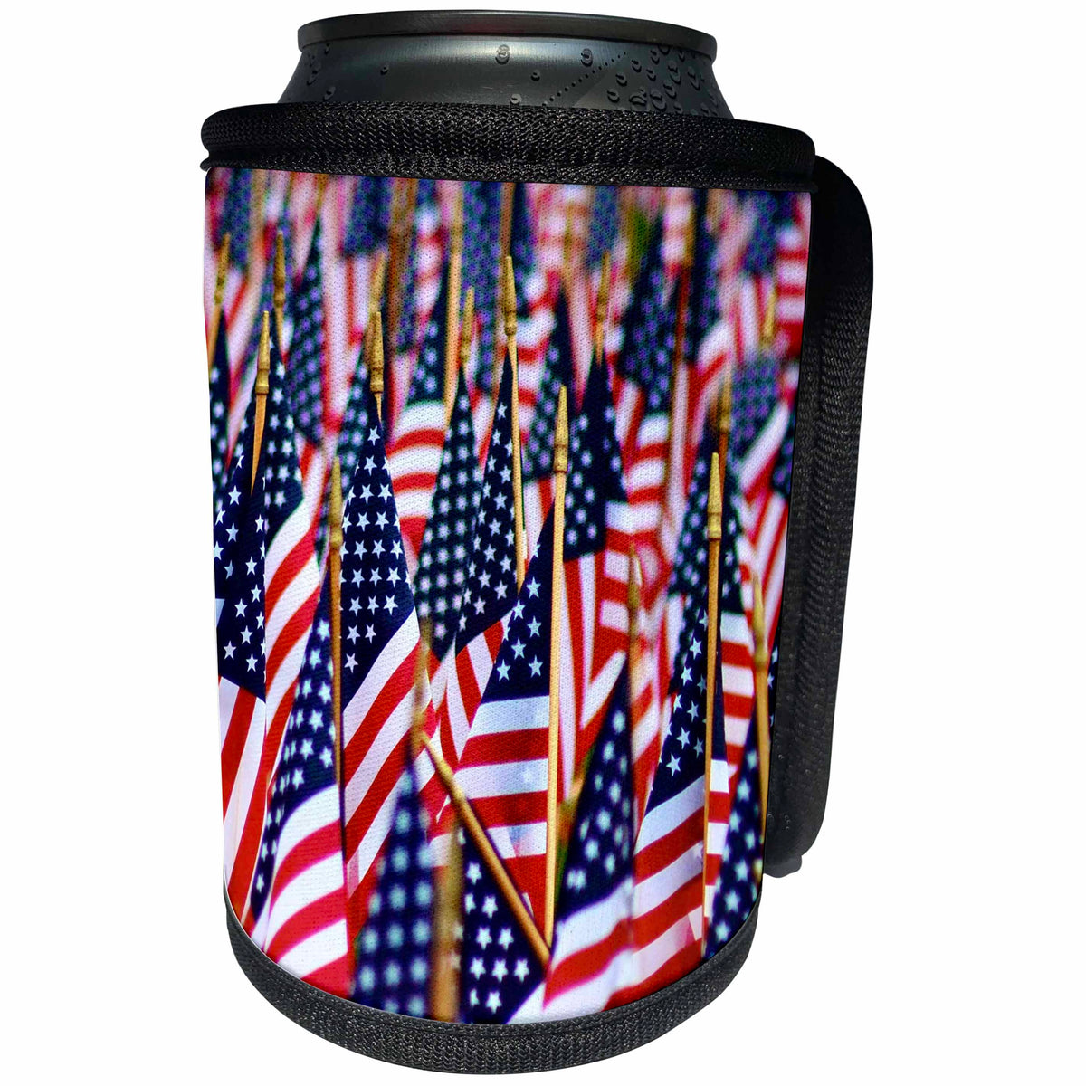 3dRose Stamp City - americana - Photo of many tiny American flags decorating a park for the holiday. - Can Cooler Bottle Wrap (cc_292972)