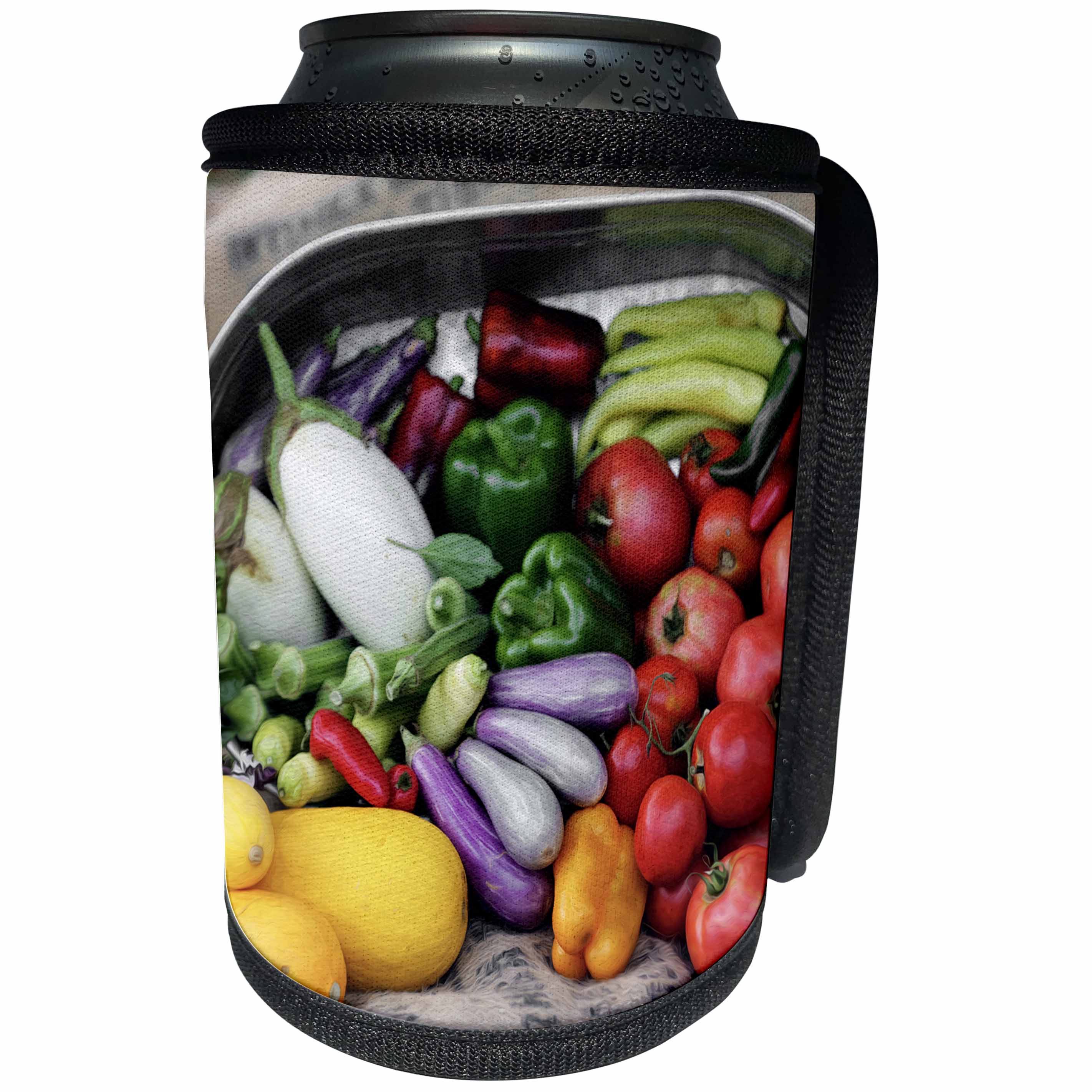 3dRose Stamp City - garden - Photograph of garden vegetables spilling out a metal tin onto burlap. - Can Cooler Bottle Wrap (cc_292973)