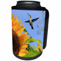 3dRose Stamp City - nature - Photo of a ruby throated hummingbird flying by a mammoth sunflower. - Can Cooler Bottle Wrap (cc_292979)
