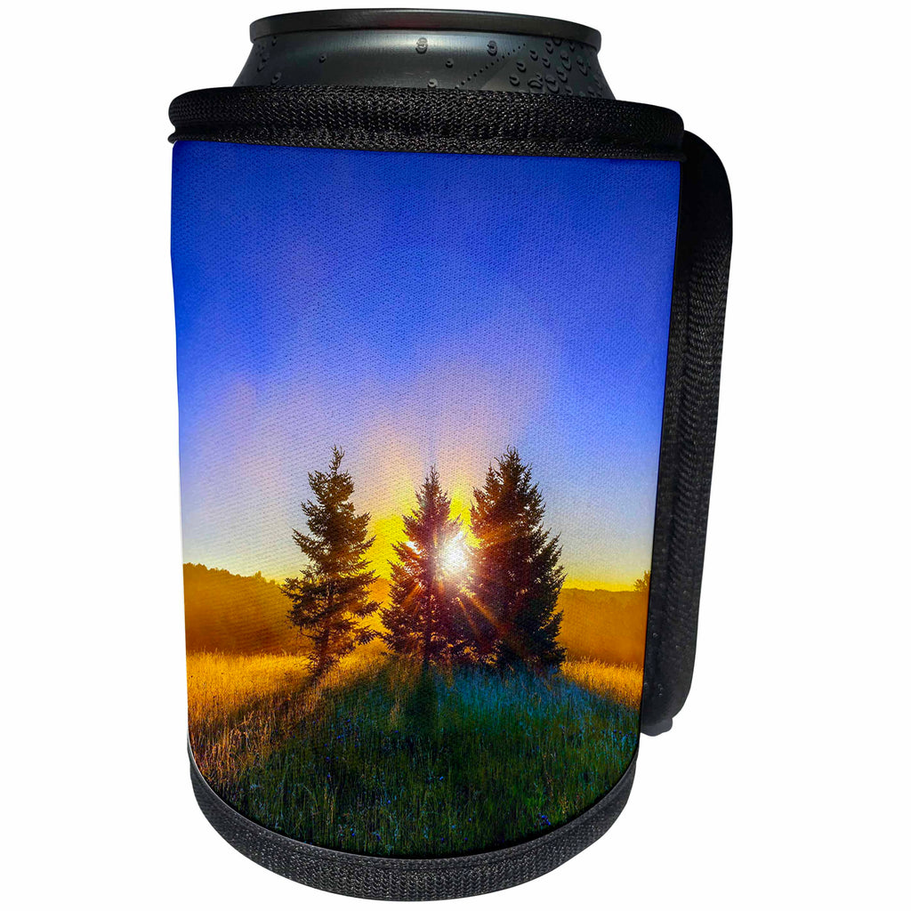 3dRose Stamp City - nature - Photograph of three pines in a field with the sun glowing behind them. - Can Cooler Bottle Wrap (cc_292987)