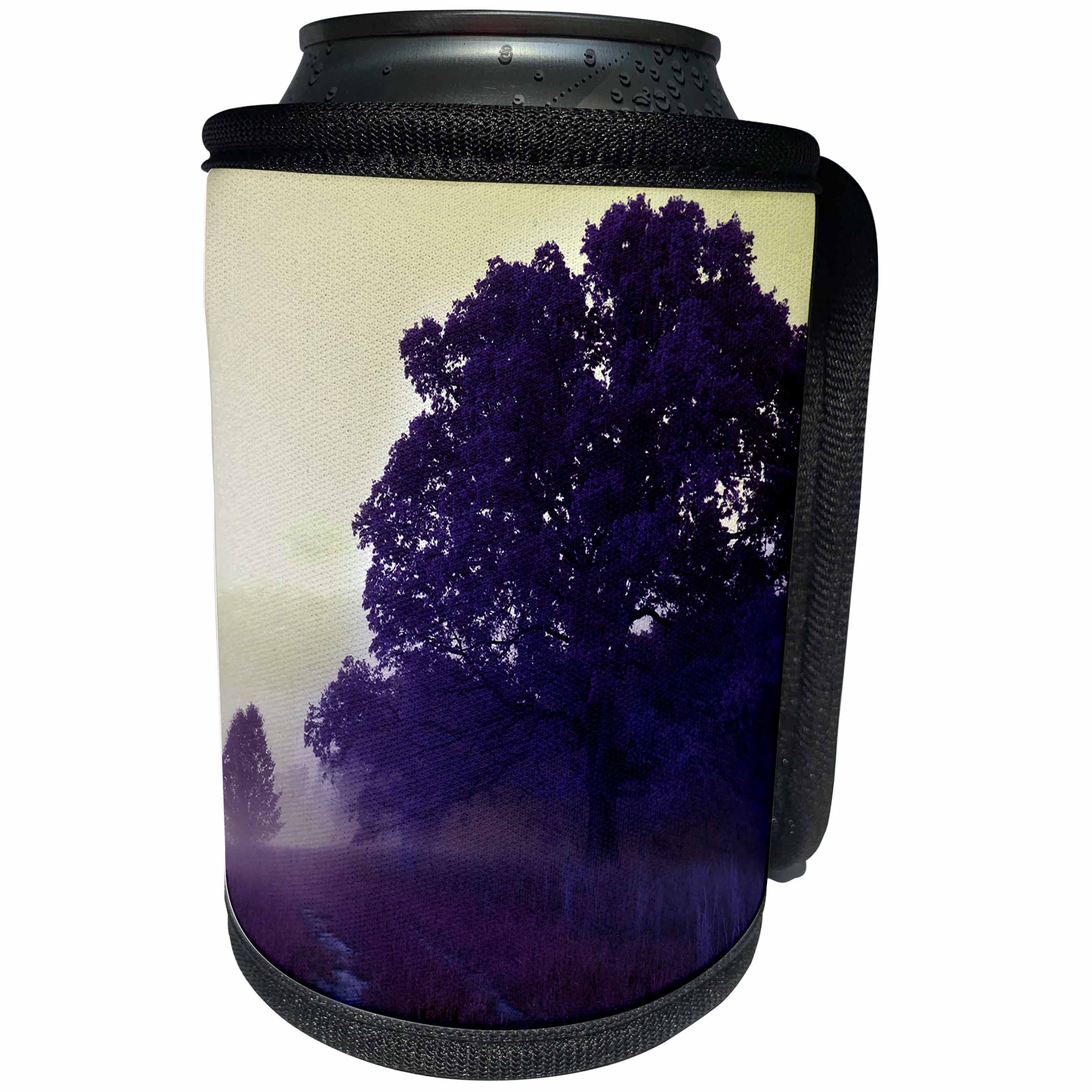 3dRose Stamp City - nature - Photo of an old oak tree in an open field covered in a purple haze. - Can Cooler Bottle Wrap (cc_292988)