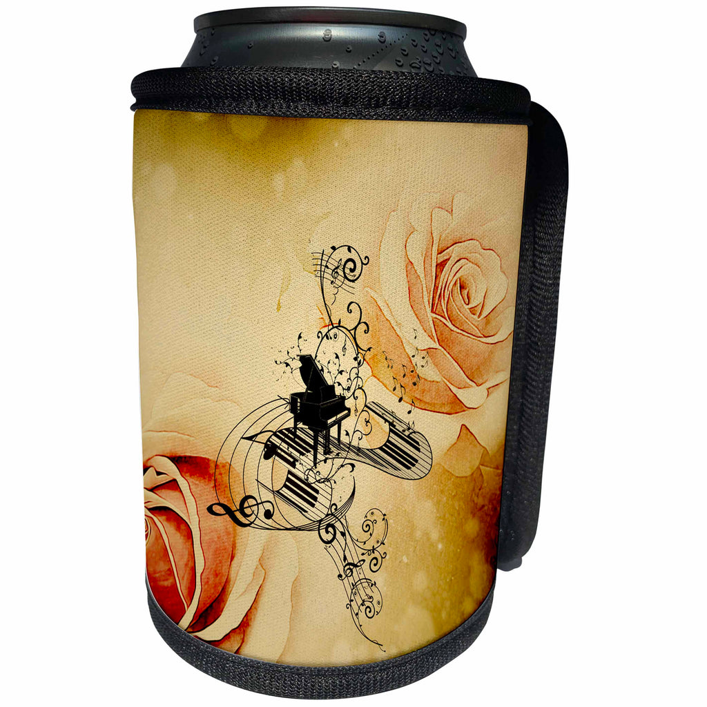 3dRose Heike Köhnen Desing Music - Music, piano and clef with roses on the background - Can Cooler Bottle Wrap (cc_293106)