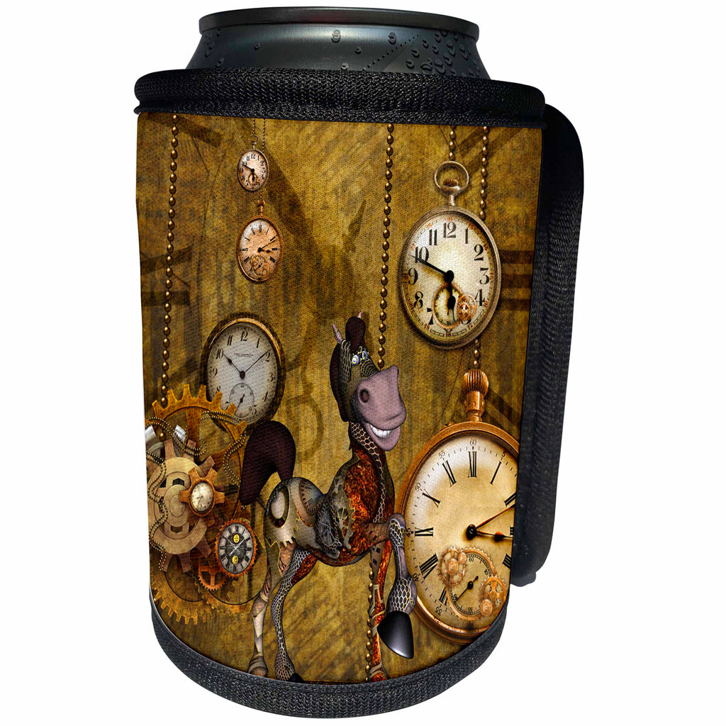 3dRose Heike Köhnen Design Steampunk - Cute steampunk horse clocks and gears - Can Cooler Bottle Wrap (cc_293115)