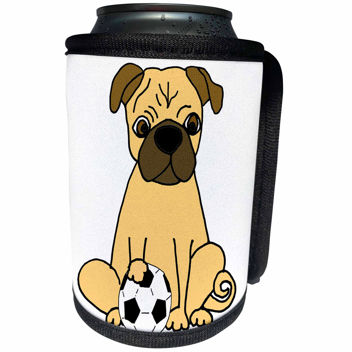 3dRose All Smiles Art - Pets - Cute Funny Pug Puppy Dog Playing Soccer Cartoon - Can Cooler Bottle Wrap (cc_293144)