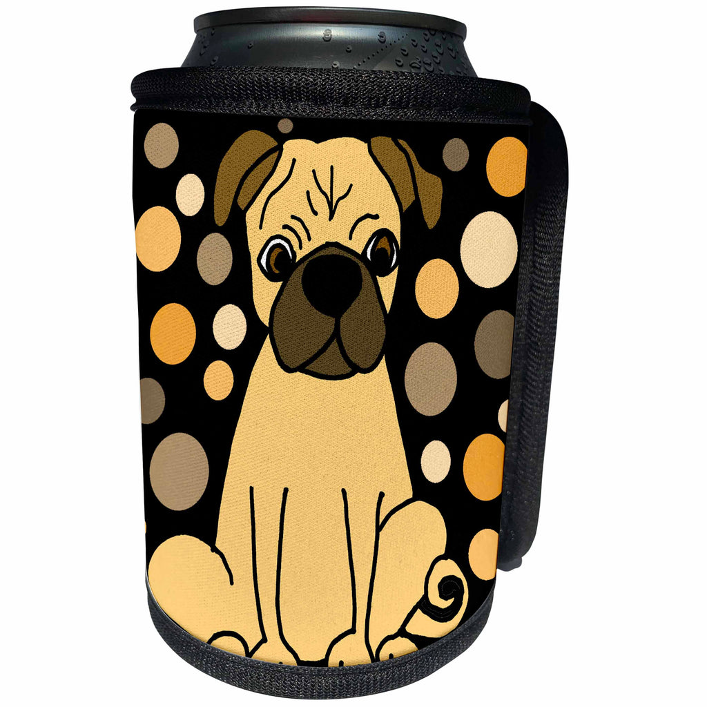 3dRose All Smiles Art - Pets - Cute Funny Pug Puppy Dog and Circle Pattern Abstract Art - Can Cooler Bottle Wrap (cc_293145)