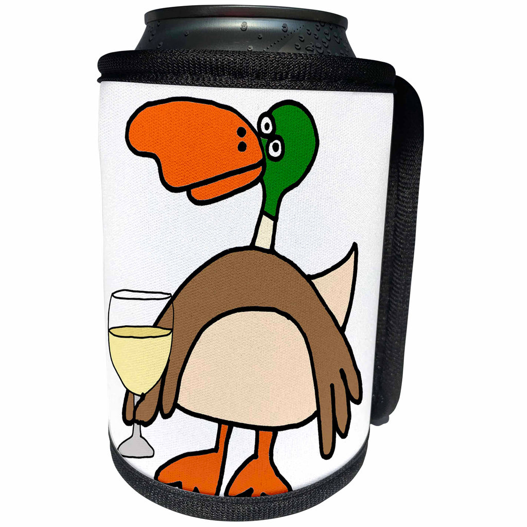 3dRose All Smiles Art - Birds - Cute Funny Mallard Duck Drinking Wine Cartoon - Can Cooler Bottle Wrap (cc_293148)