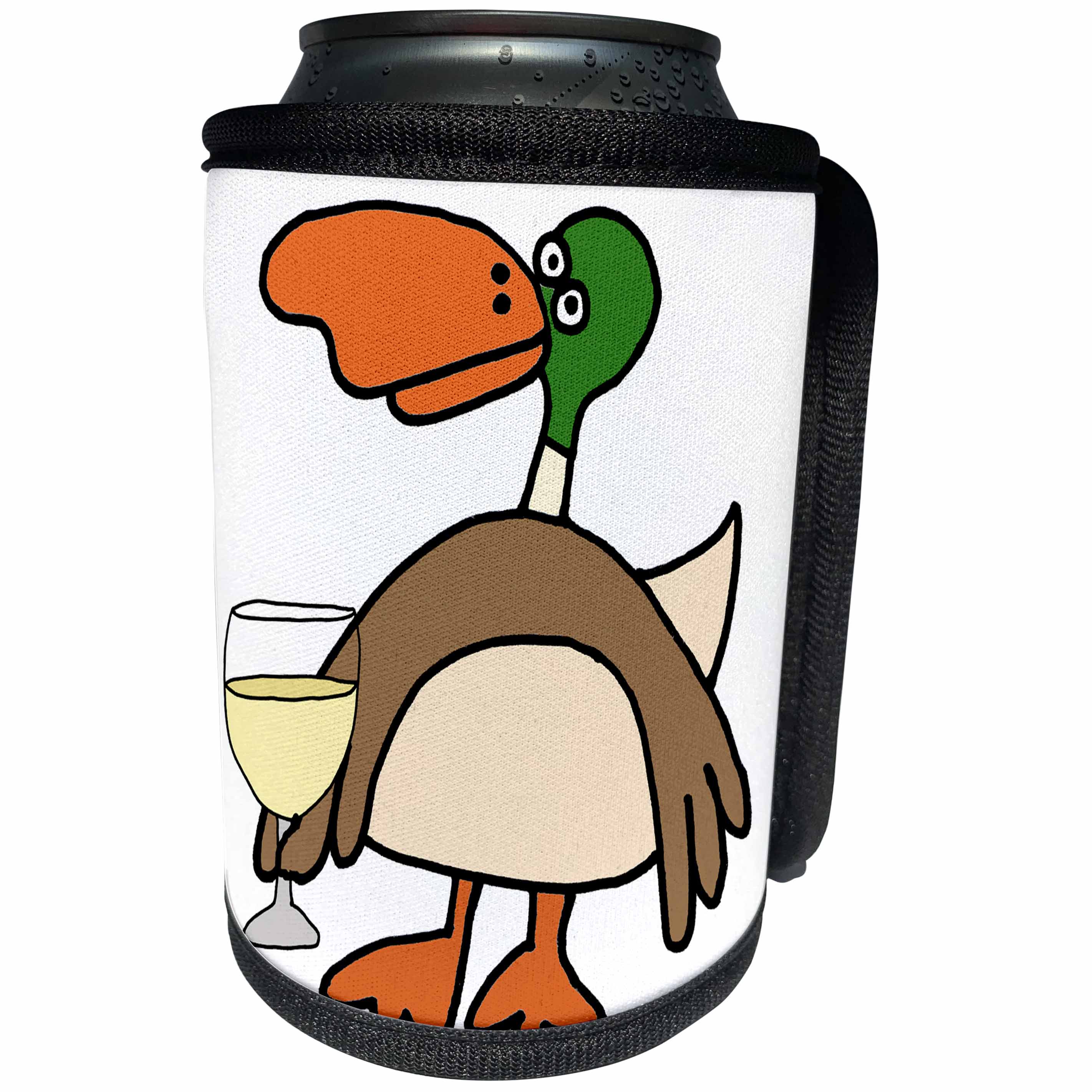 3dRose All Smiles Art - Birds - Cute Funny Mallard Duck Drinking Wine Cartoon - Can Cooler Bottle Wrap (cc_293148)