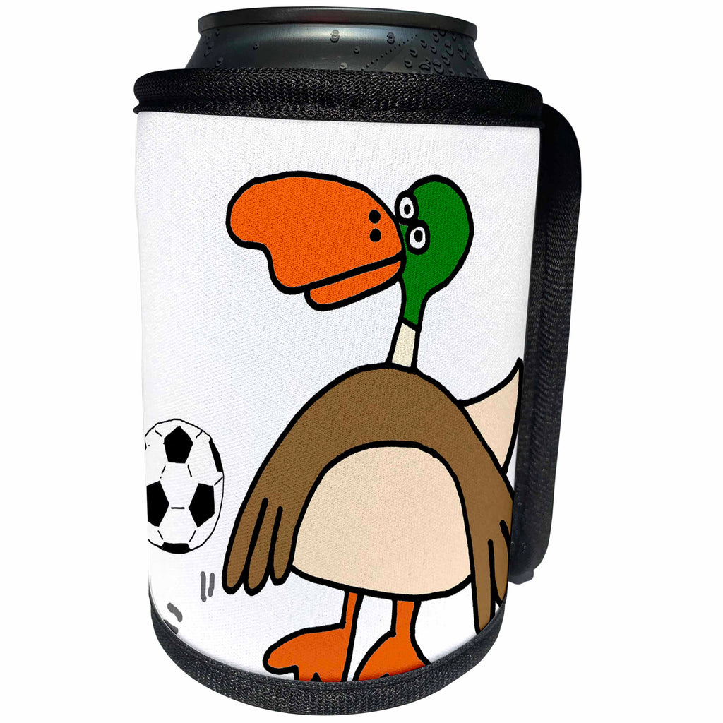 3dRose All Smiles Art - Birds - Cute Funny Mallard Duck Playing Soccer Cartoon - Can Cooler Bottle Wrap (cc_293149)