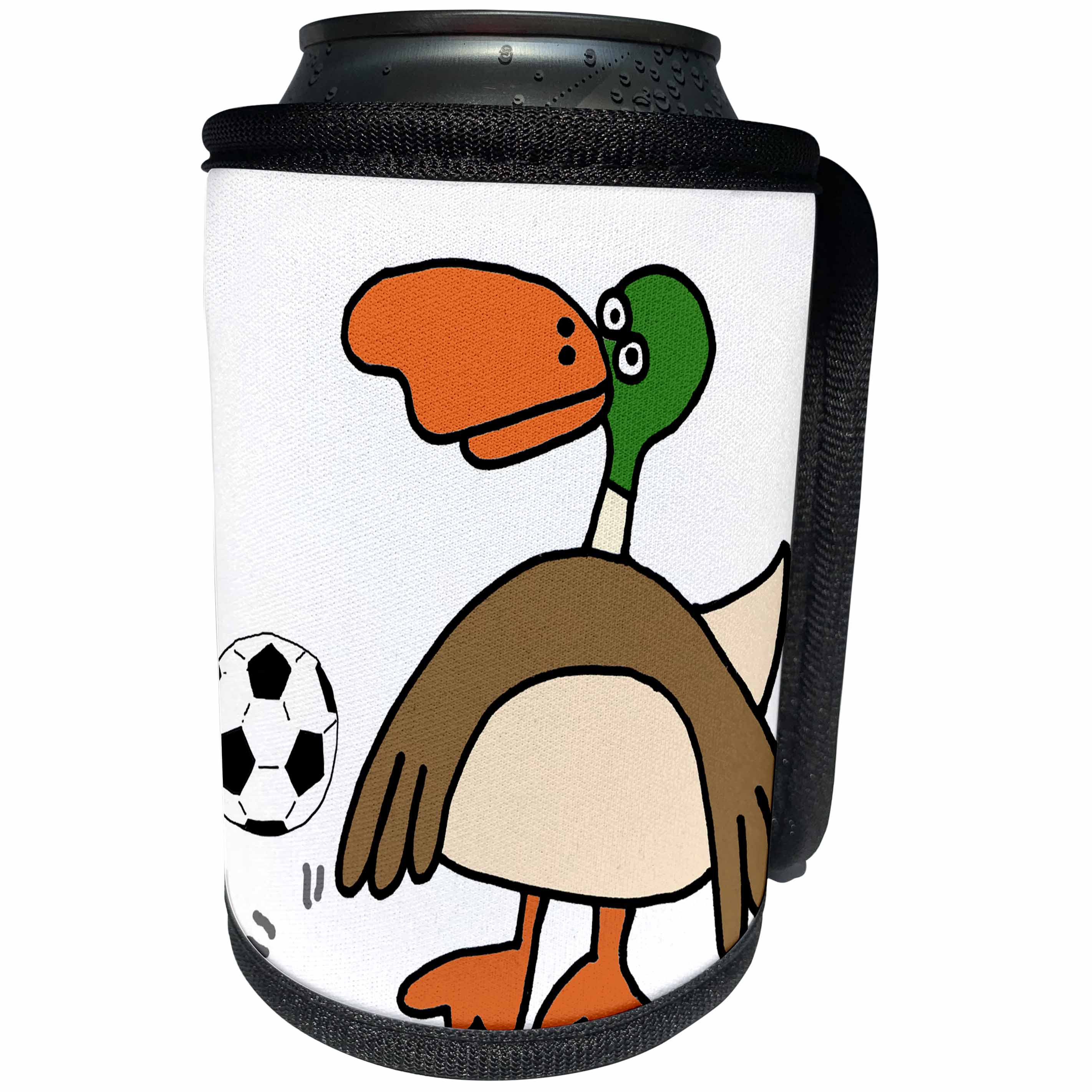 3dRose All Smiles Art - Birds - Cute Funny Mallard Duck Playing Soccer Cartoon - Can Cooler Bottle Wrap (cc_293149)