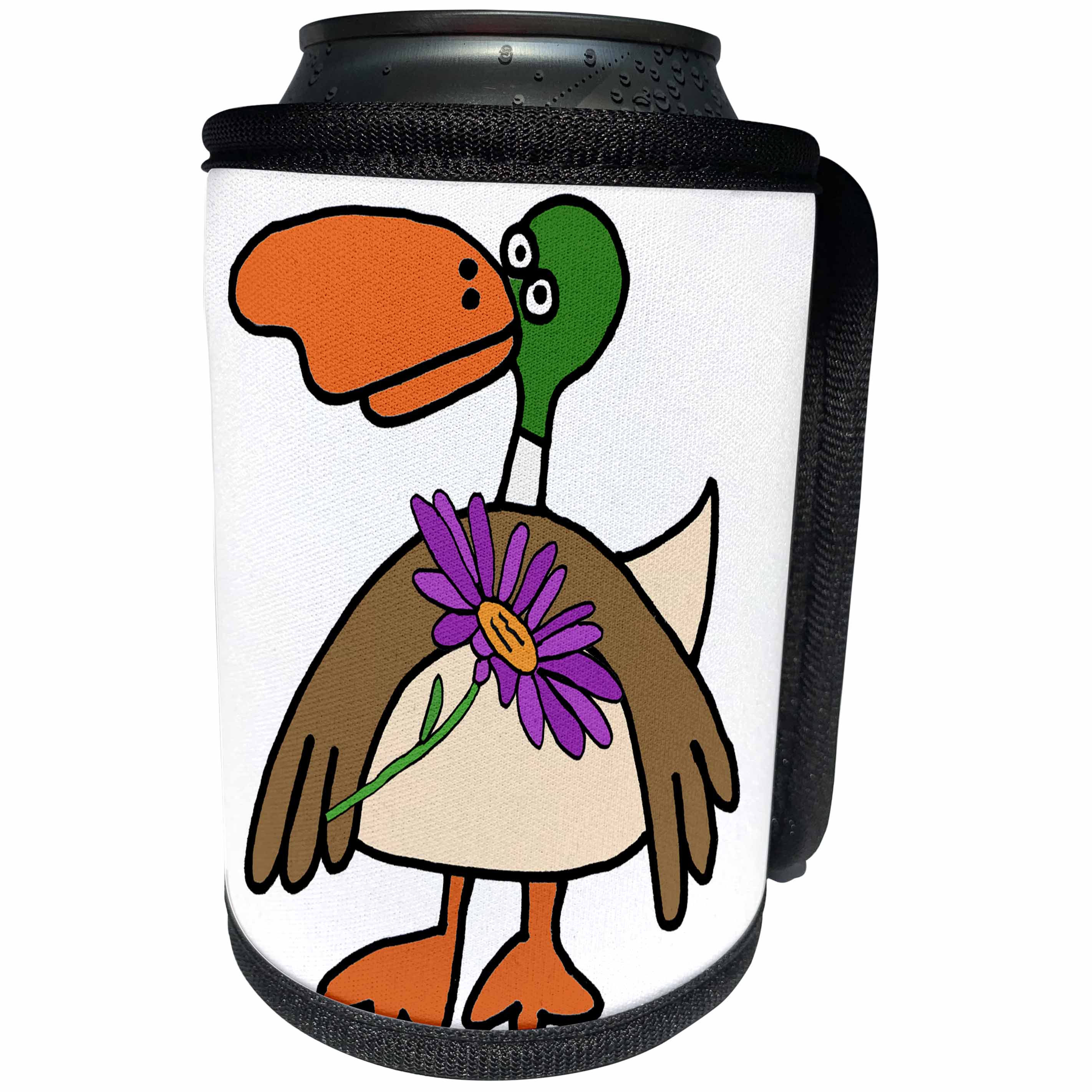 3dRose All Smiles Art - Birds - Cute Funny Mallard Duck with Purple Daisy Flower Cartoon - Can Cooler Bottle Wrap (cc_293151)