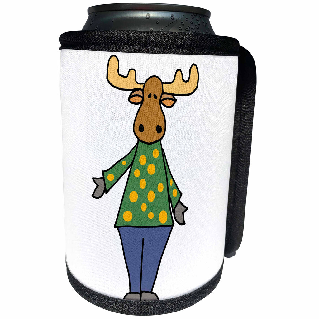 3dRose All Smiles Art - Animals - Cute Funny Moose with Polka Dotted Shirt Cartoon - Can Cooler Bottle Wrap (cc_293152)