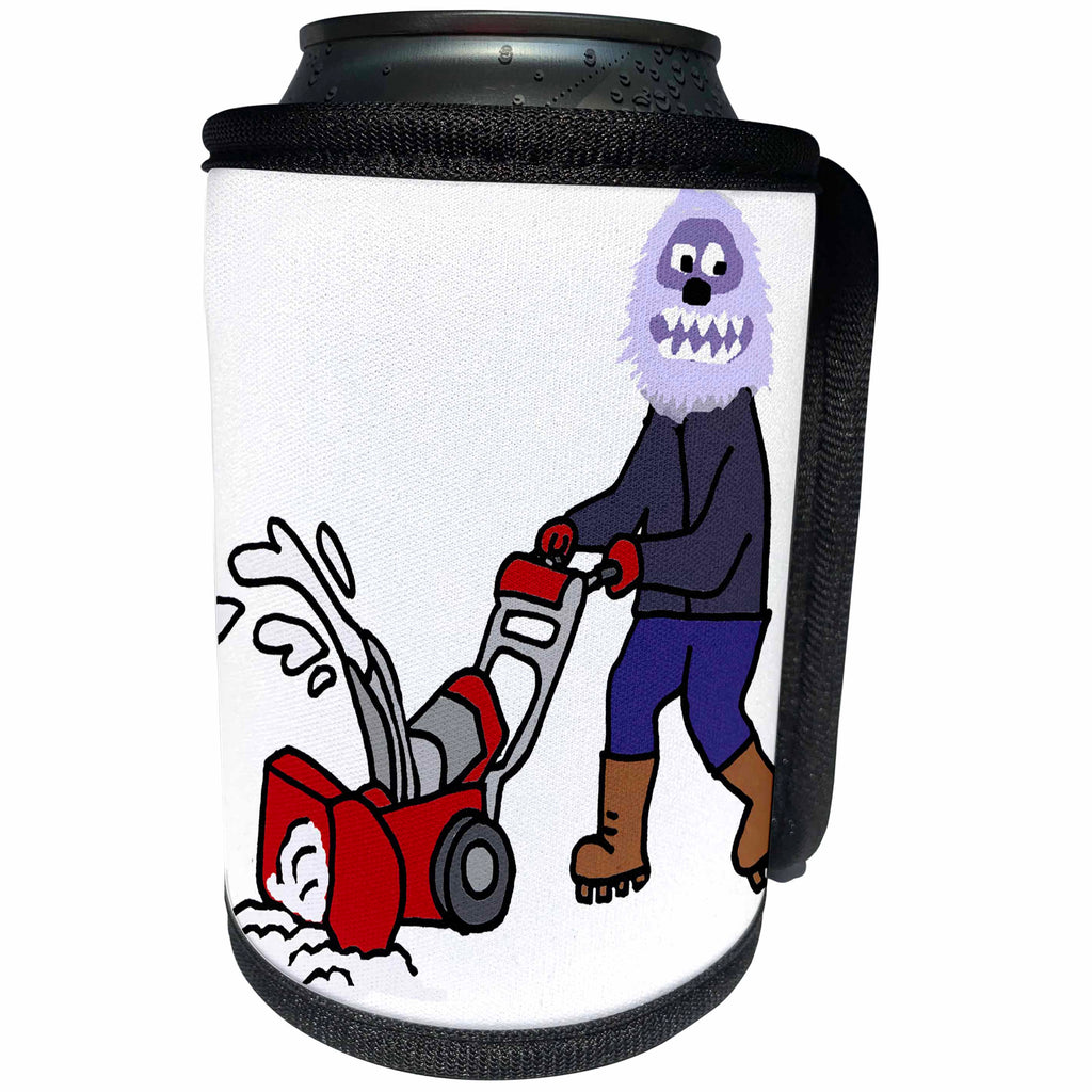 3dRose All Smiles Art - Animals - Cute Funny Abominable Snowman using Snow Blower Cartoon - Can Cooler Bottle Wrap (cc_293164)