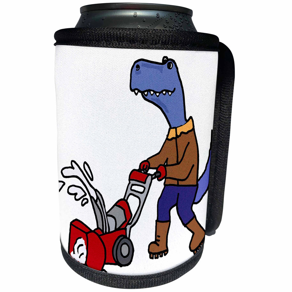 3dRose All Smiles Art - Animals - Cute Funny T-rex Dinosaur using Snow Blower Cartoon - Can Cooler Bottle Wrap (cc_293165)