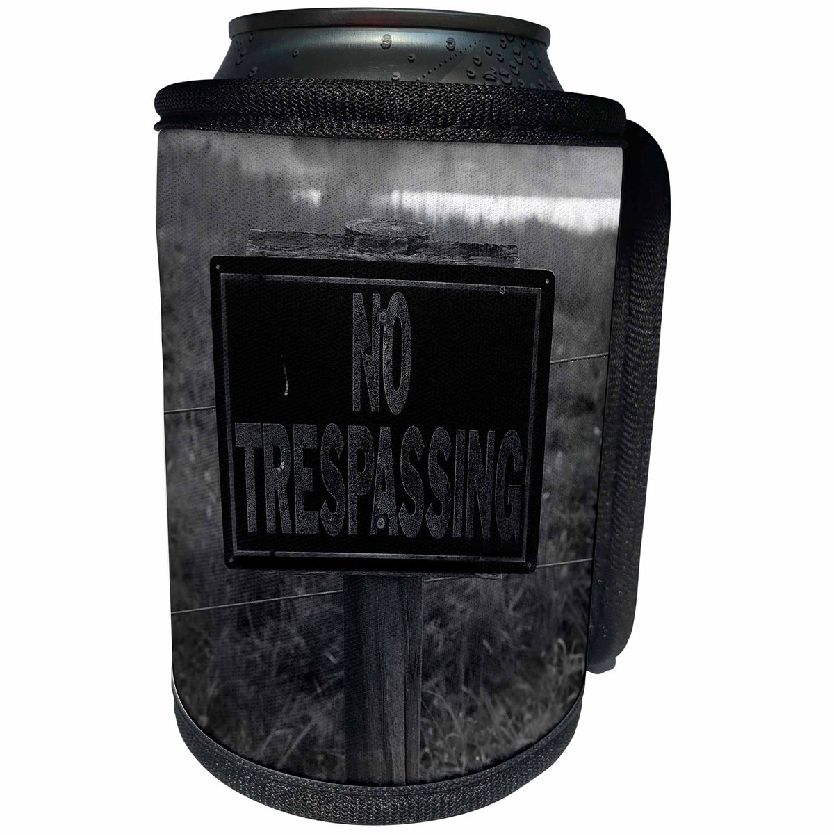 3dRose Stamp City - miscellaneous - Black and white photograph of a No Trespassing sign in South Carolina. - Can Cooler Bottle Wrap (cc_293537)