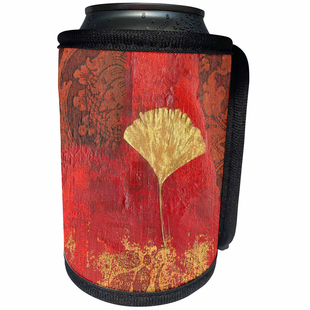3dRose Andrea Haase Art Illustration - Mixed Media Collage Art Painting With Golden Gingko Leaf - Can Cooler Bottle Wrap (cc_293844)