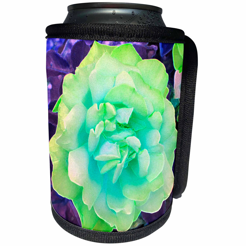 3dRose Jos Fauxtographee- Green and Blue Rose - A rose done digitally in green and blue with purple leaves - Can Cooler Bottle Wrap (cc_293890)