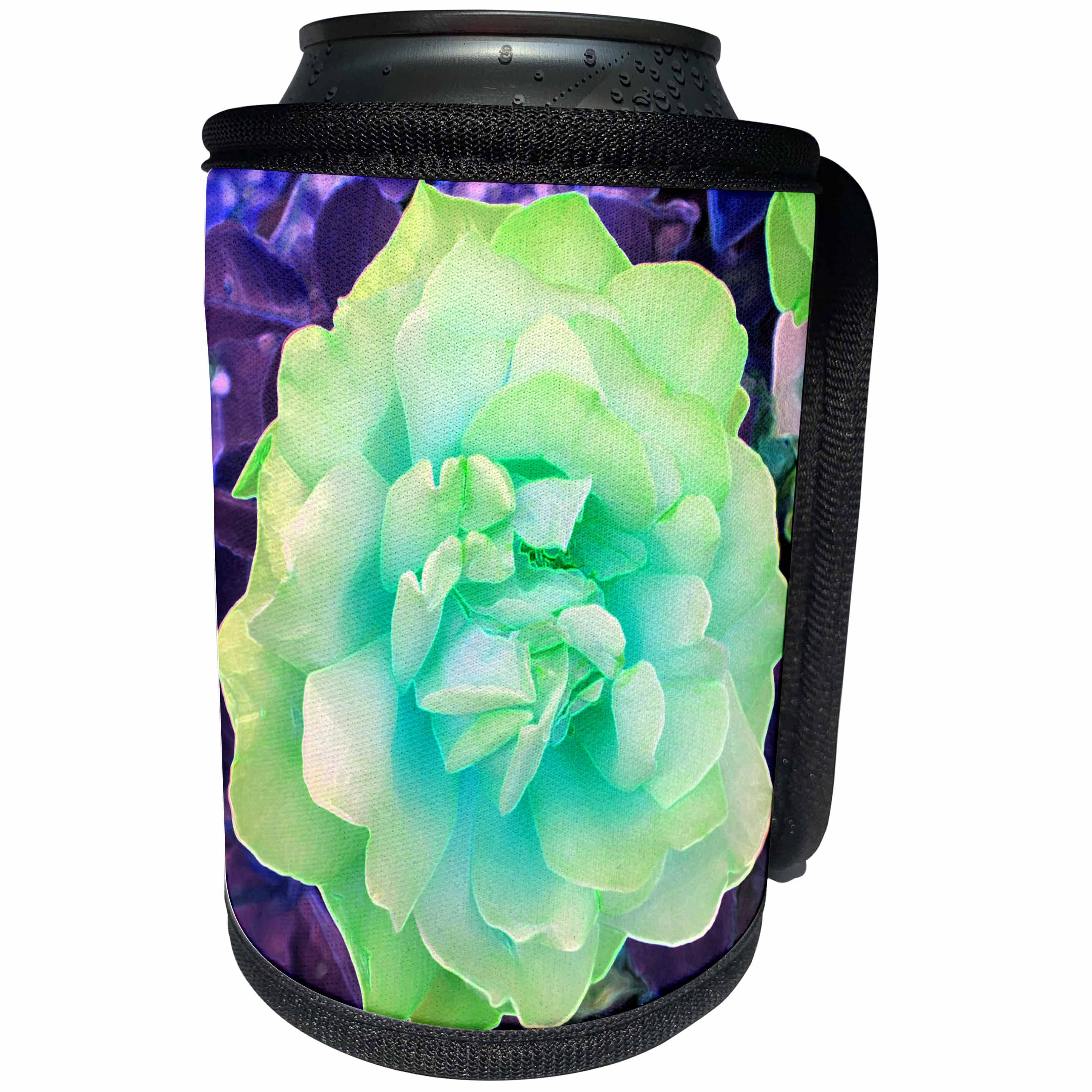 3dRose Jos Fauxtographee- Green and Blue Rose - A rose done digitally in green and blue with purple leaves - Can Cooler Bottle Wrap (cc_293890)