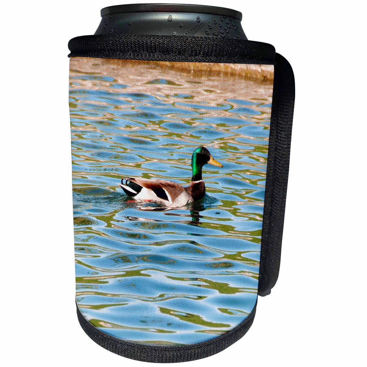3dRose Jos Fauxtographee- Duck on Pond - A duck swimming on a pond of blue with green reflections - Can Cooler Bottle Wrap (cc_293893)
