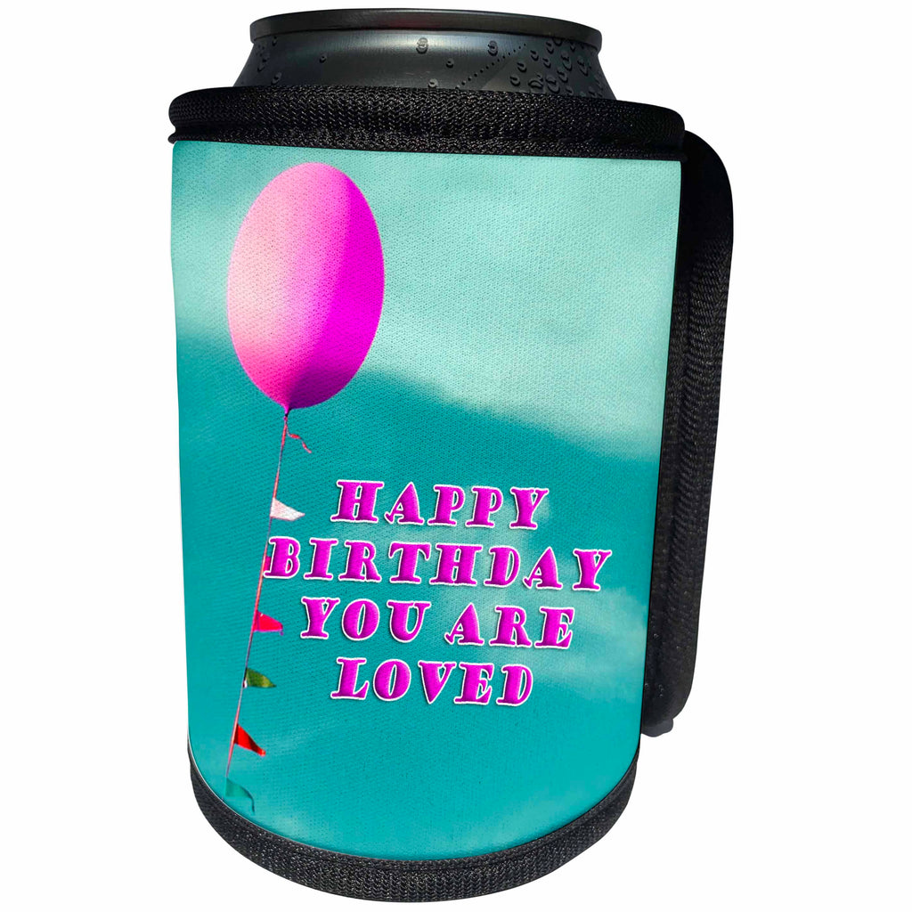 3dRose Jos Fauxtographee- Pink Balloon Happy Birthday - Happy Birthday You are Loved with a pink balloon on green sky - Can Cooler Bottle Wrap (cc_294281)