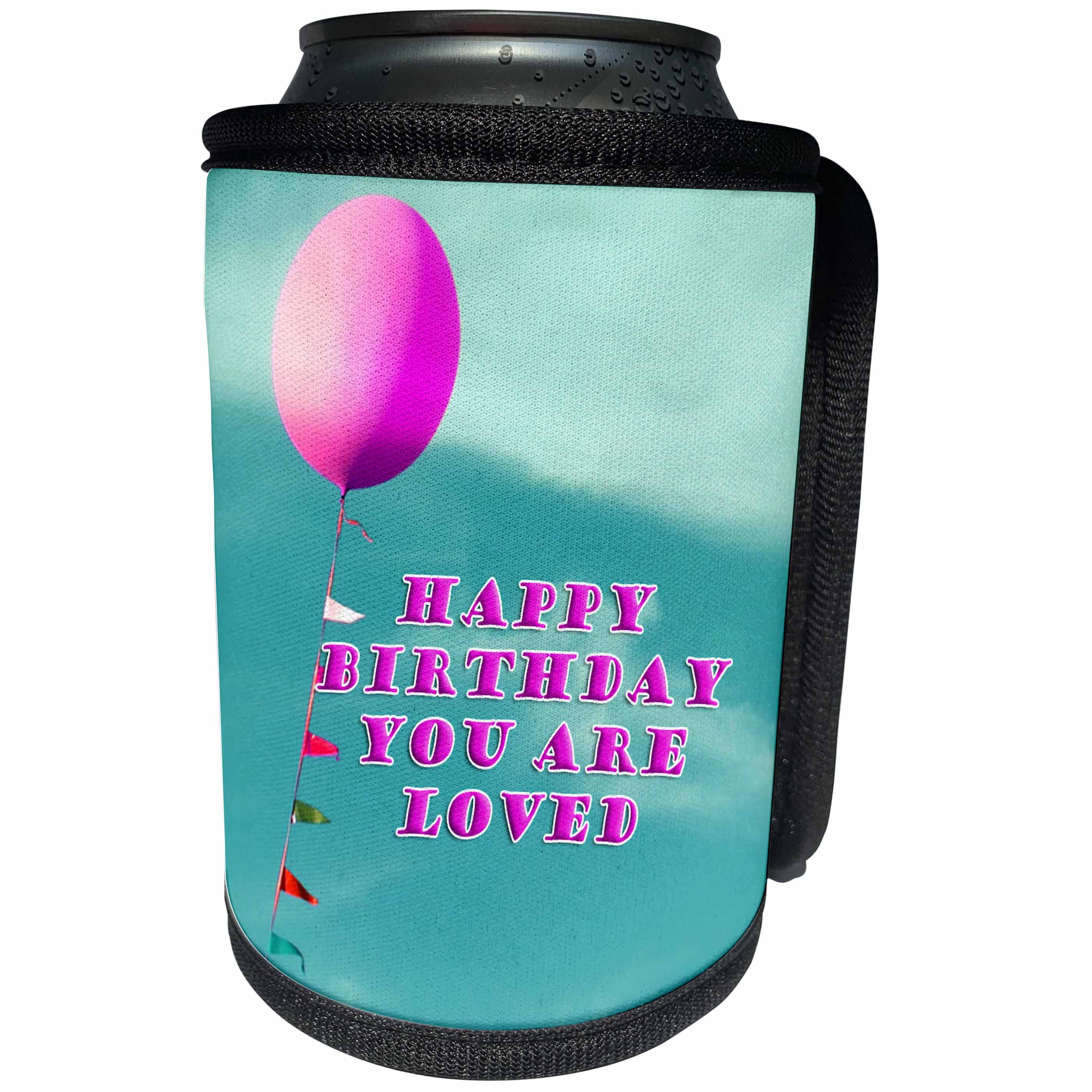 3dRose Jos Fauxtographee- Pink Balloon Happy Birthday - Happy Birthday You are Loved with a pink balloon on green sky - Can Cooler Bottle Wrap (cc_294281)