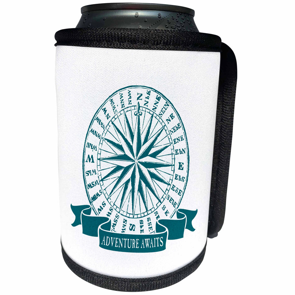 3dRose Russ Billington Nautical Designs - Adventure Awaits- Vintage Nautical Compass Rose in Blue and White - Can Cooler Bottle Wrap (cc_294357)