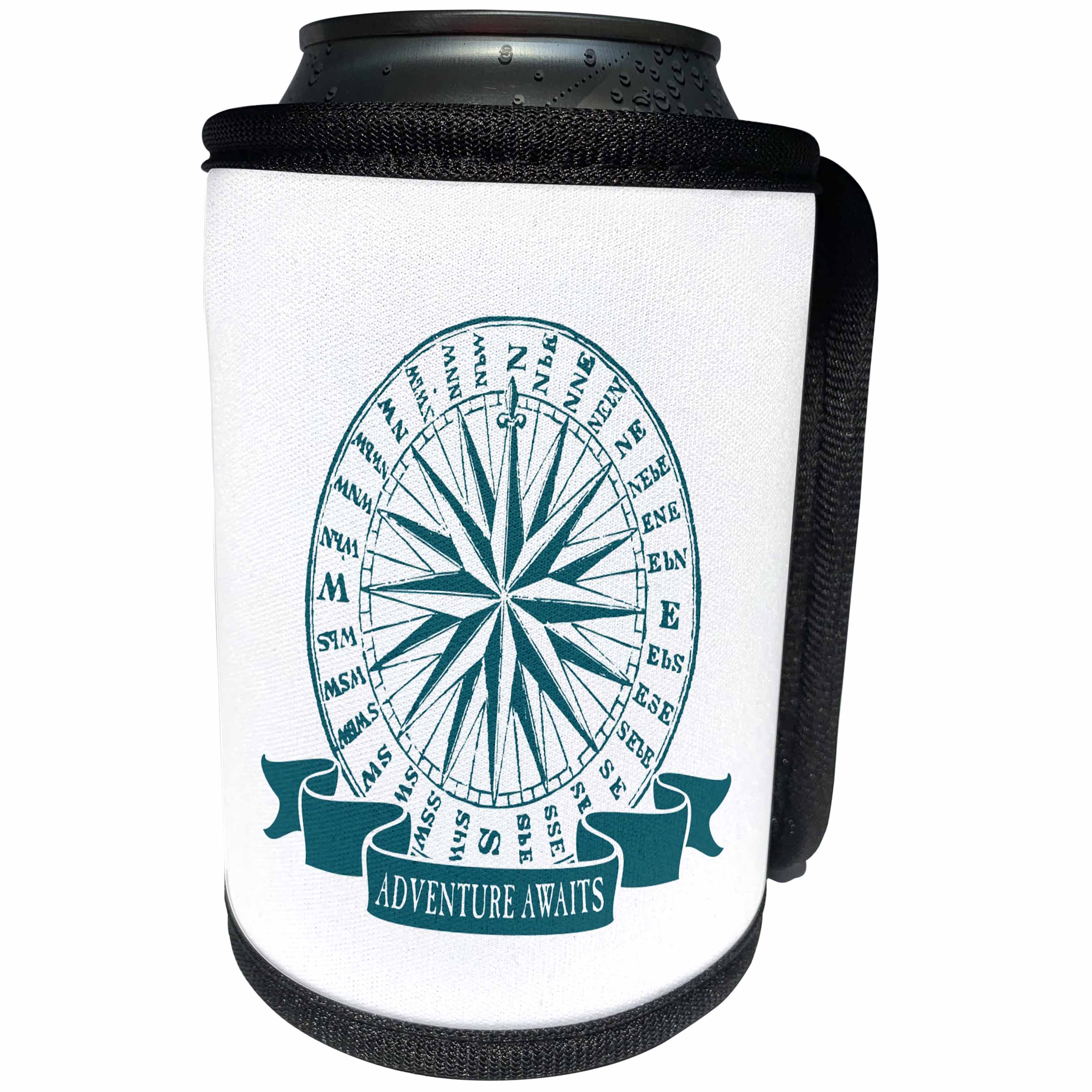 3dRose Russ Billington Nautical Designs - Adventure Awaits- Vintage Nautical Compass Rose in Blue and White - Can Cooler Bottle Wrap (cc_294357)