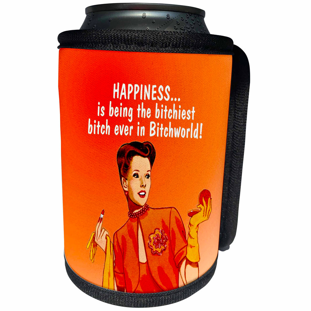 3dRose Russ Billington Designs - Happiness- Retro Girl Illustration with Bitchy Bitch Text in White - Can Cooler Bottle Wrap (cc_294367)