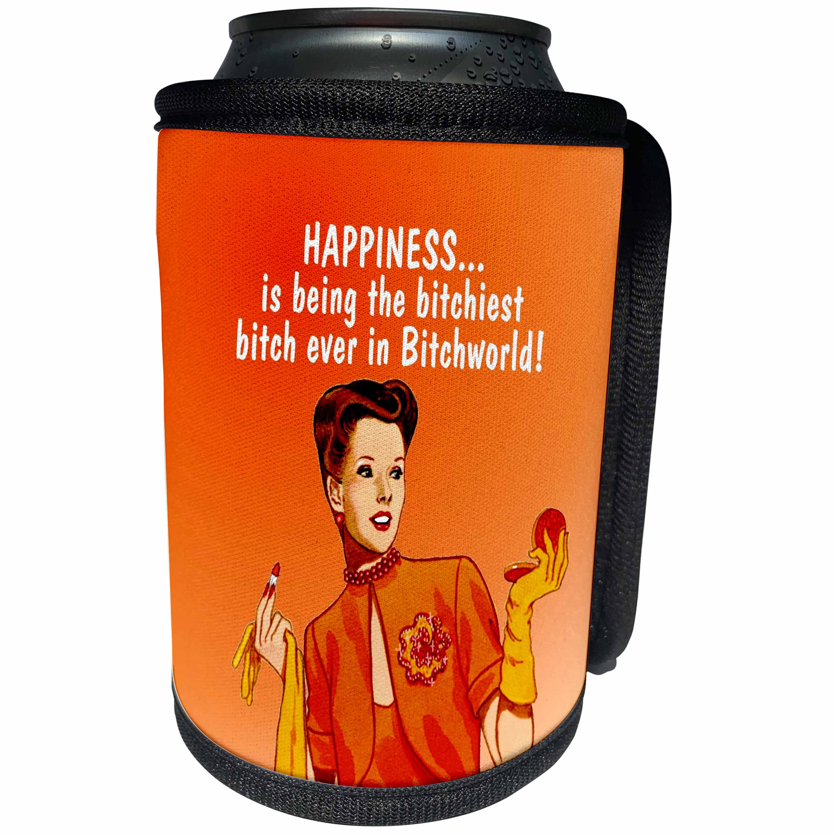 3dRose Russ Billington Designs - Happiness- Retro Girl Illustration with Bitchy Bitch Text in White - Can Cooler Bottle Wrap (cc_294367)