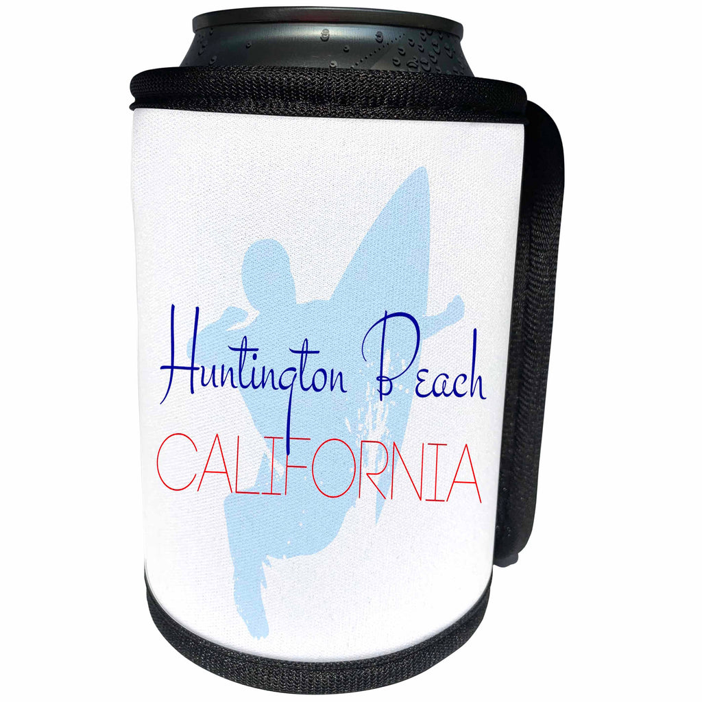 3dRose Alexis Design - American Surfing Places - Huntington Beach, California. Decorative text and a surfer image - Can Cooler Bottle Wrap (cc_294574)