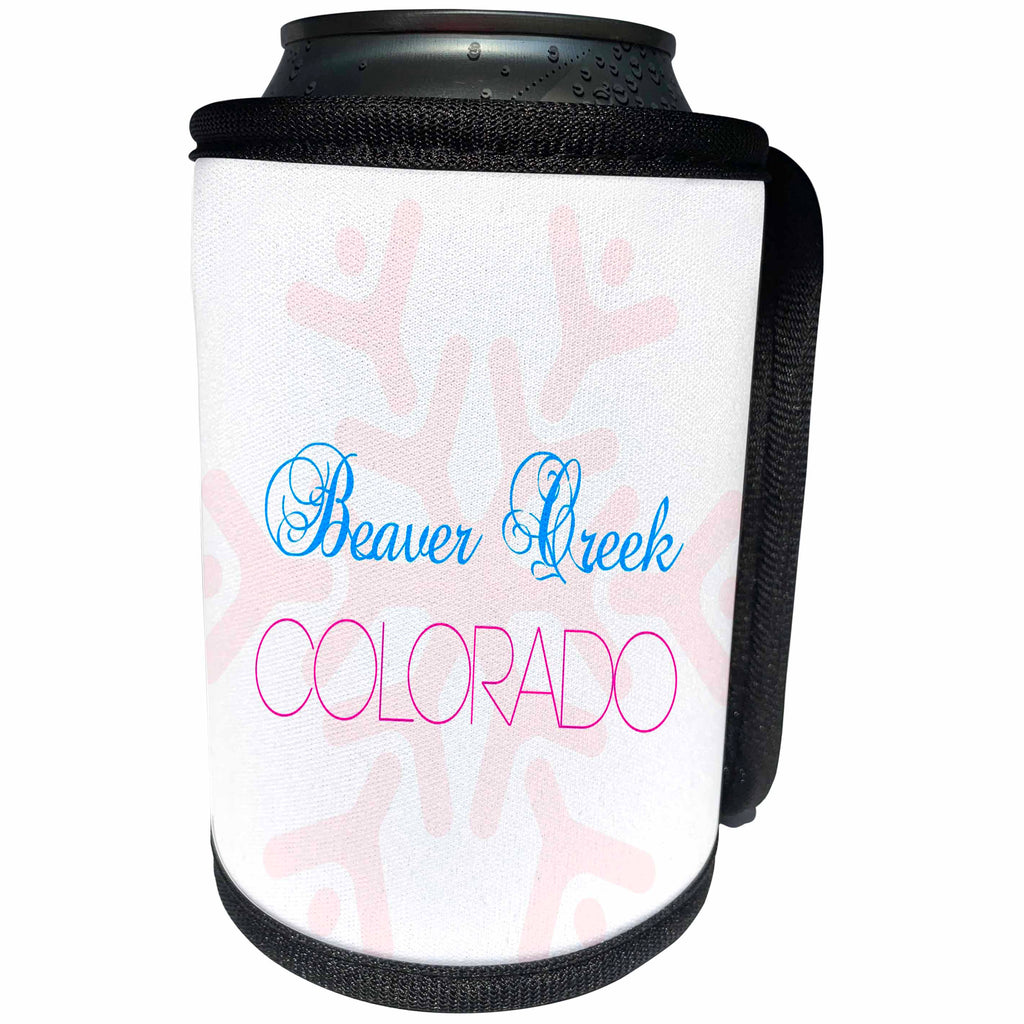 3dRose Alexis Design - American Skiing Places - Beaver Creek, Colorado blue, red text, large pink snowflake - Can Cooler Bottle Wrap (cc_294580)