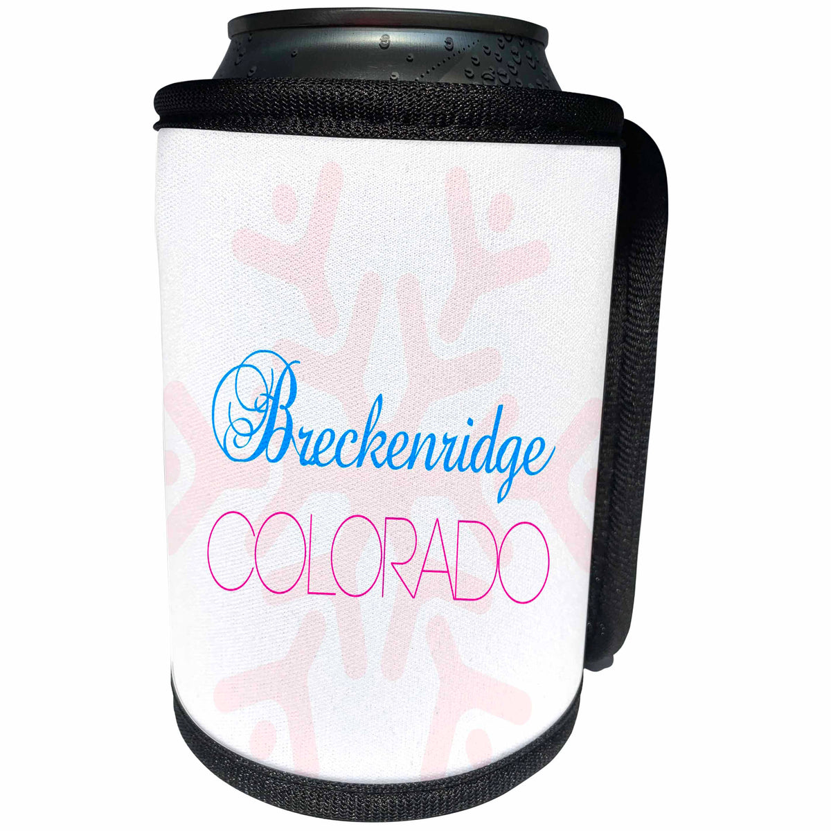 3dRose Alexis Design - American Skiing Places - Breckenridge, Colorado blue, red text, large pink snowflake - Can Cooler Bottle Wrap (cc_294581)