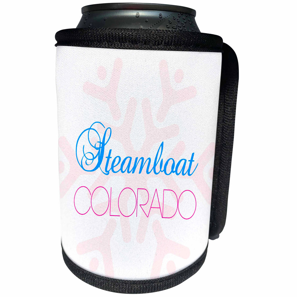3dRose Alexis Design - American Skiing Places - Steamboat, Colorado blue, red text, large pink snowflake - Can Cooler Bottle Wrap (cc_294582)
