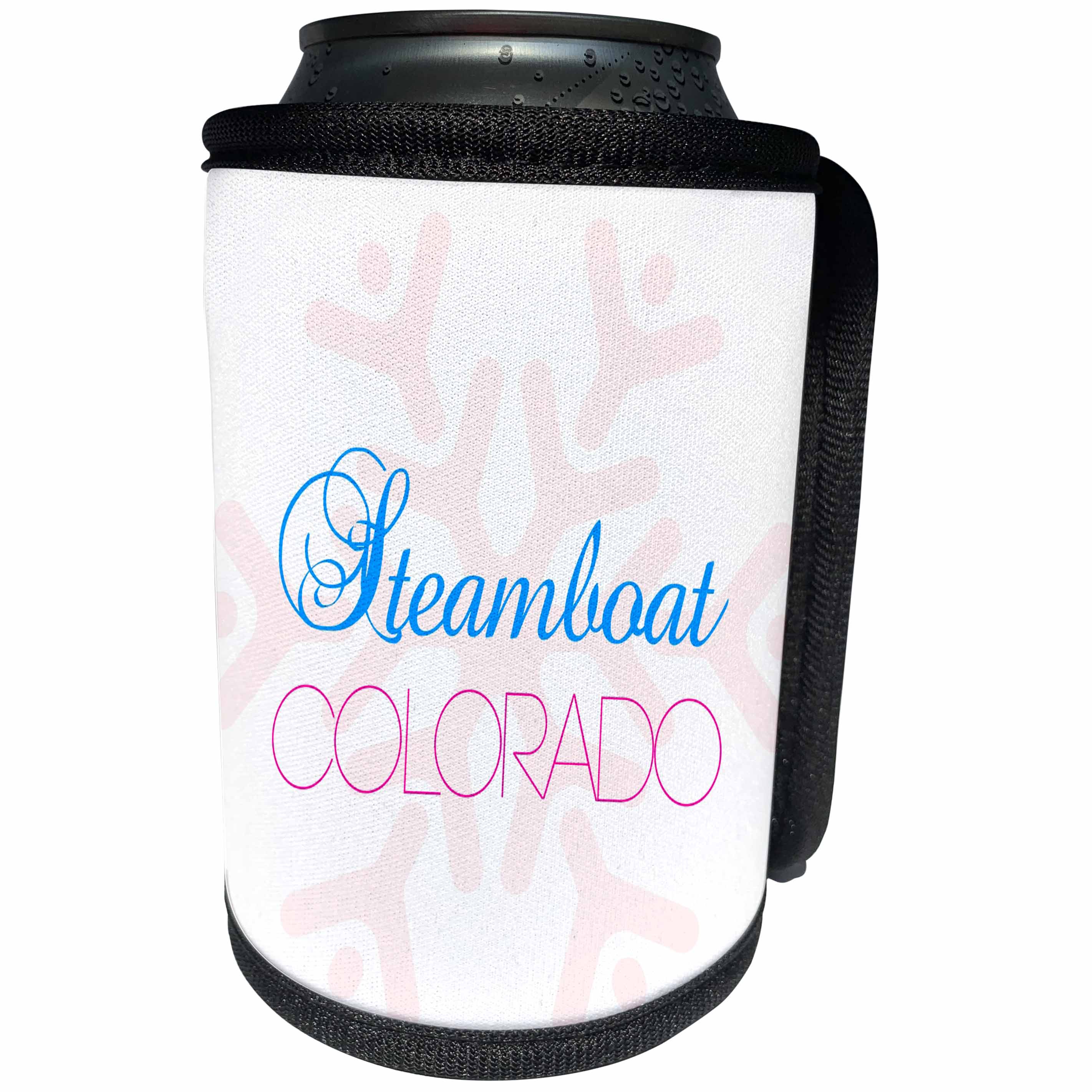 3dRose Alexis Design - American Skiing Places - Steamboat, Colorado blue, red text, large pink snowflake - Can Cooler Bottle Wrap (cc_294582)