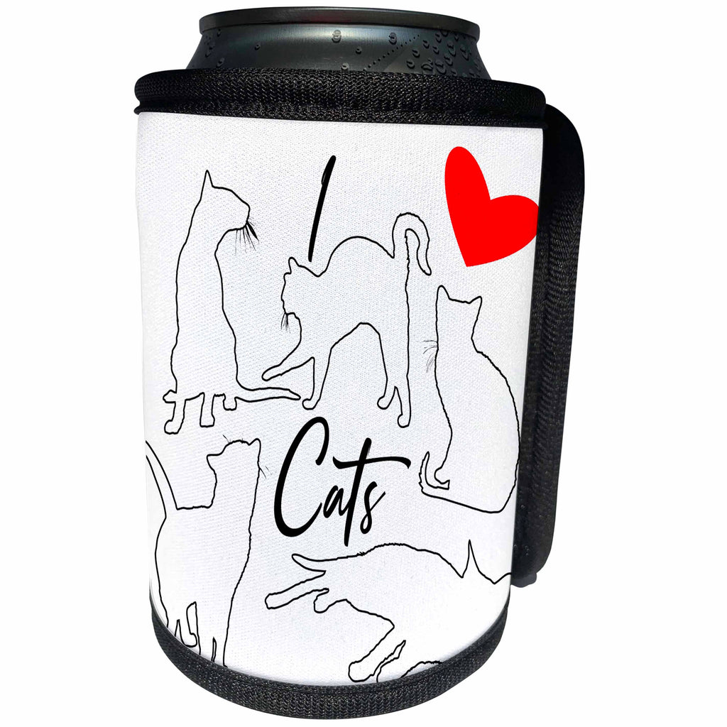 3dRose Alexis Design - Cats - Black outlined cat silhouettes on white. I love cats. Red heart - Can Cooler Bottle Wrap (cc_294598)