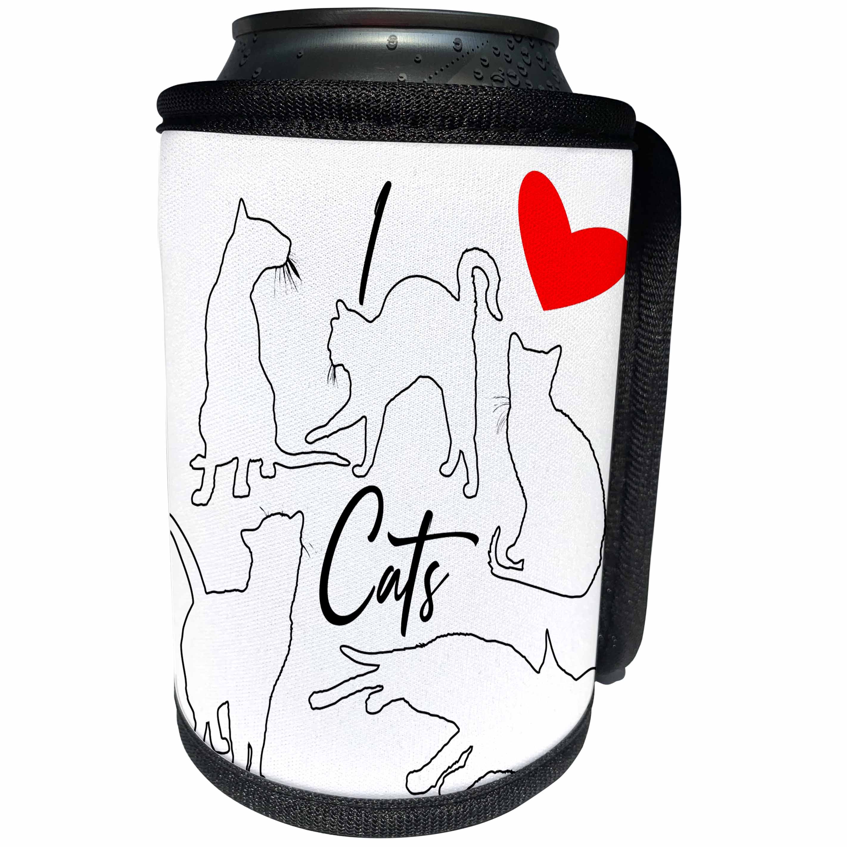 3dRose Alexis Design - Cats - Black outlined cat silhouettes on white. I love cats. Red heart - Can Cooler Bottle Wrap (cc_294598)