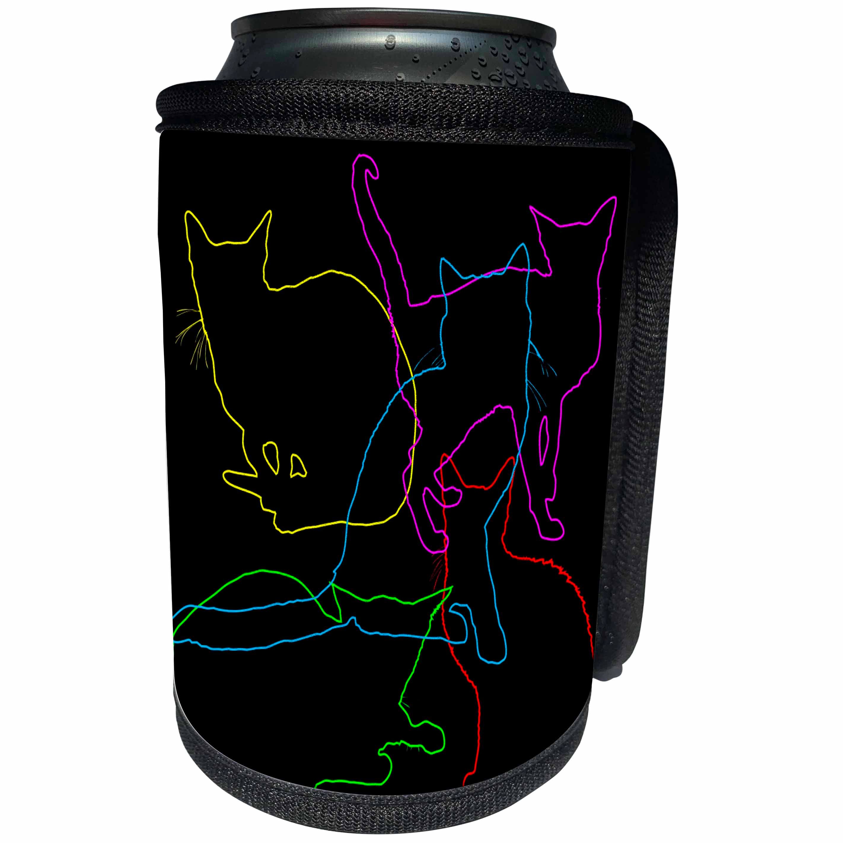 3dRose Alexis Design - Cats - Mix of colorful outlined cat silhouettes on black background - Can Cooler Bottle Wrap (cc_294599)